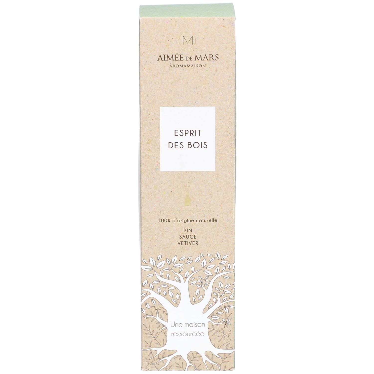 Kartonnen verpakking met productnaam en logo. Tekst: 100% natuurlijke oorsprong, den, salie, vetiver. Boomillustratie.