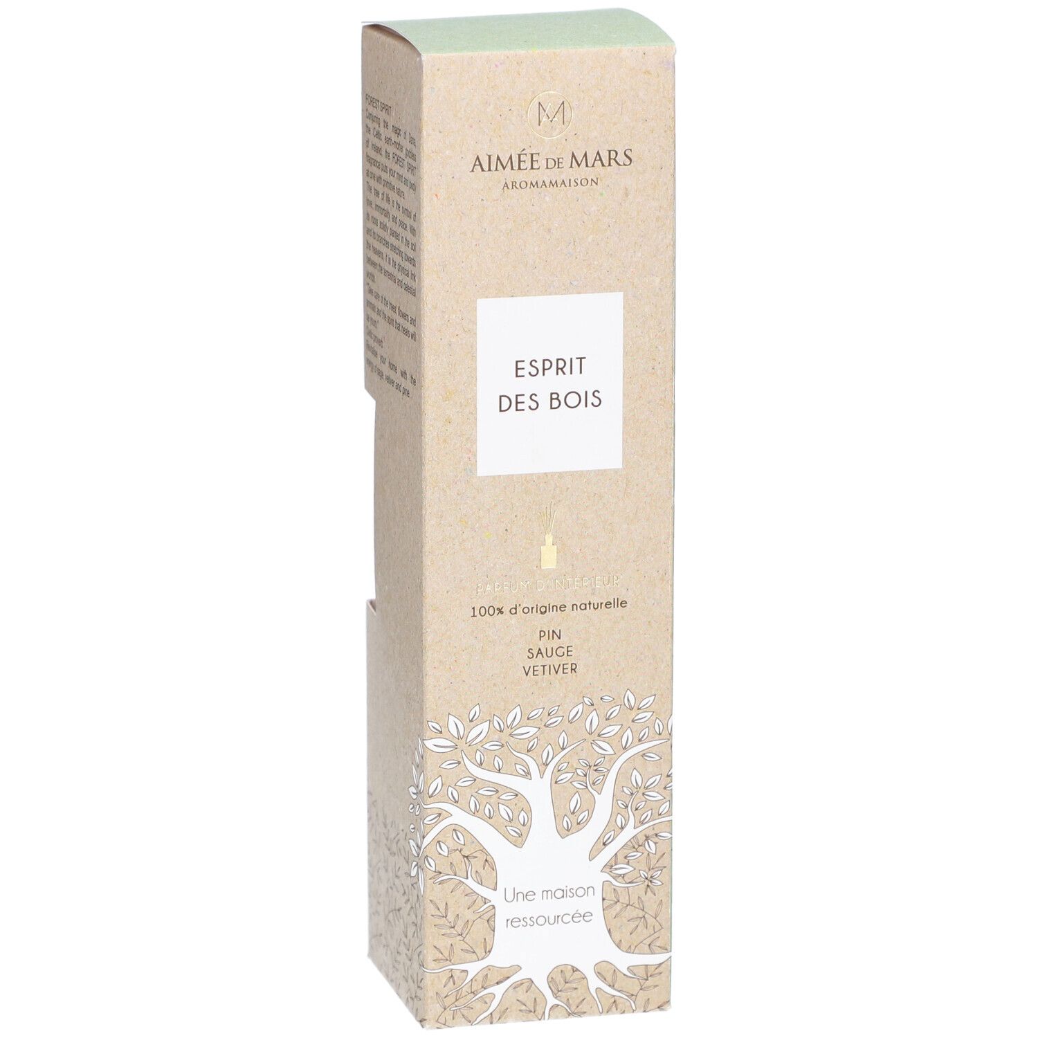 Kartonnen verpakking met productnaam en logo. Tekst: 100% natuurlijke oorsprong, den, salie, vetiver. Boomillustratie.