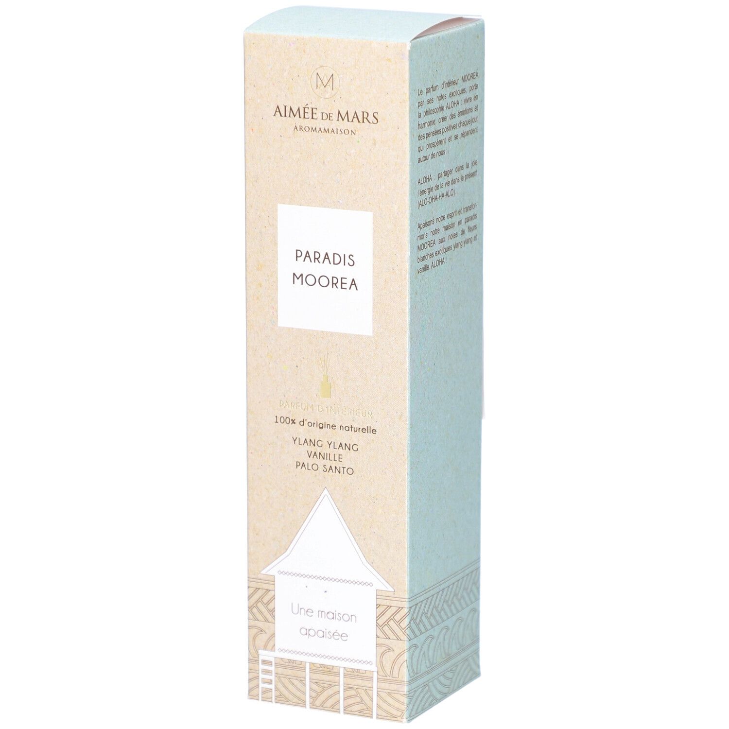 Kartonnen verpakking met productnaam "Paradis Moorea" en merklogo. Bevat tekst en illustraties. Beige en lichtblauwe tinten.