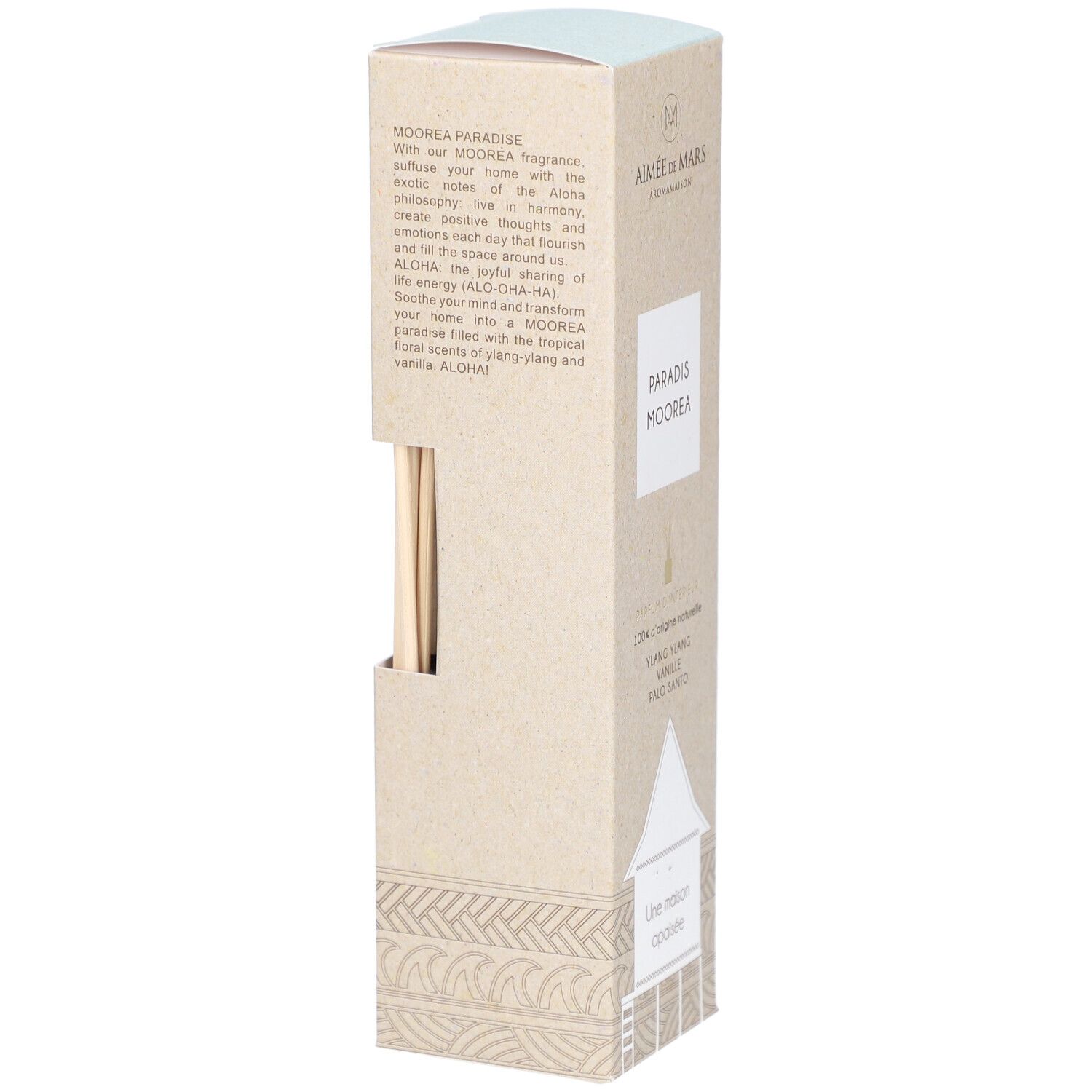 Zijaanzicht van de productverpakking met productnaam "Paradis Moorea". Bevat houten stokjes. Beige en lichtblauwe tinten.