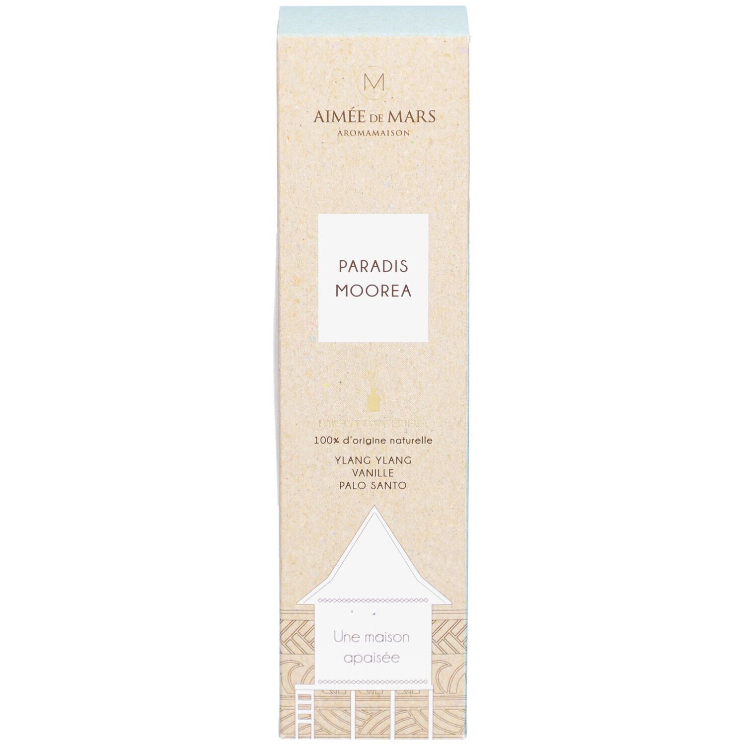 Productverpakking met productnaam "Paradis Moorea" en merklogo. Beige en lichtblauwe tinten. Bevat tekst.