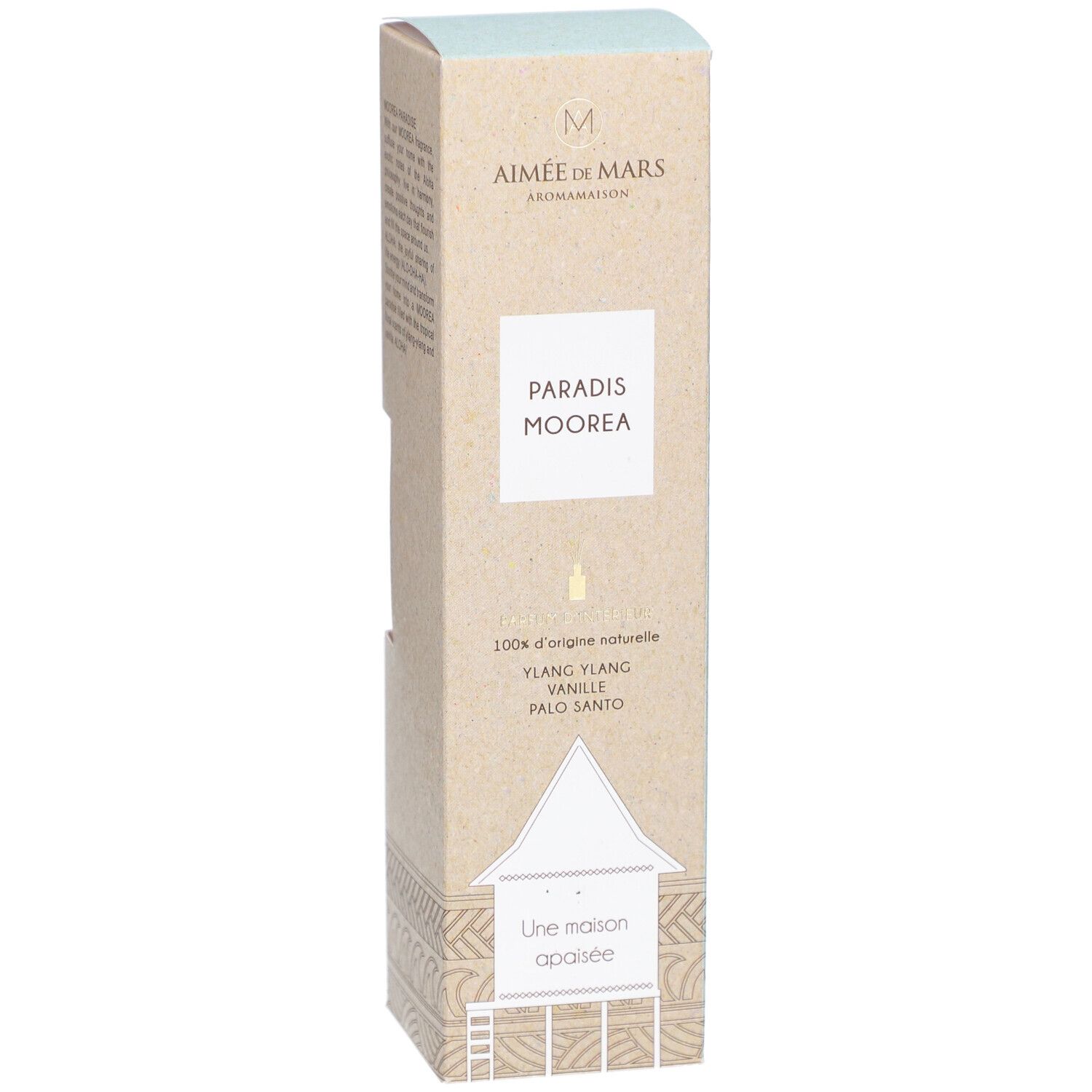 Productverpakking met productnaam "Paradis Moorea" en merklogo. Beige en lichtblauwe tinten. Bevat tekst.