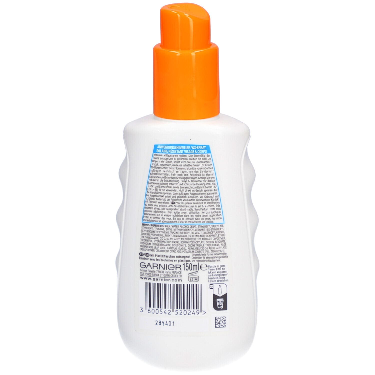 Dos du flacon de spray solaire. Flacon blanc avec bouchon orange. Texte et code-barres.