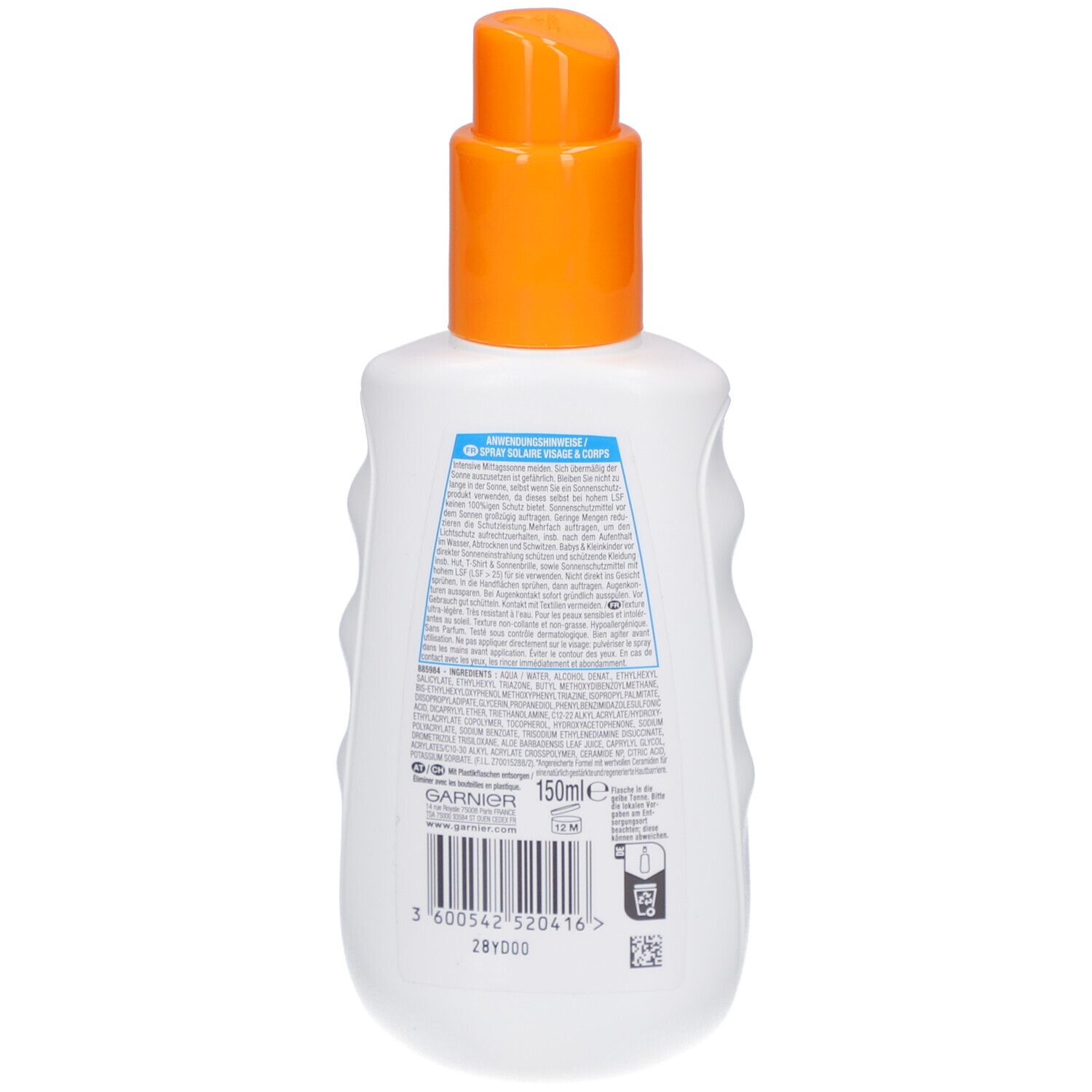 Dos du flacon blanc avec vaporisateur orange. Texte et code-barres. Marque: GARNIER. Volume: 150ml.