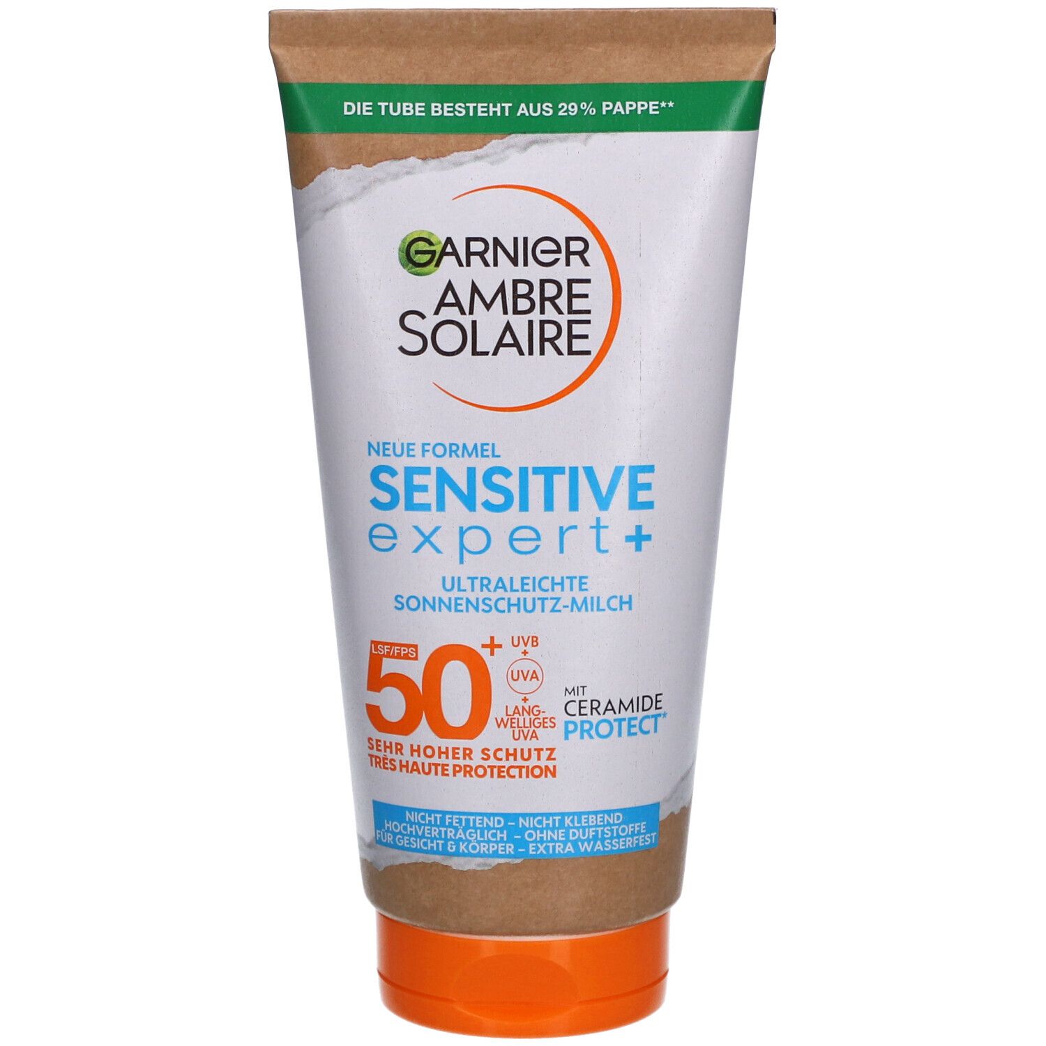 Tube de lait solaire. Garnier Ambre Solaire Sensitive Expert + SPF50+. Blanc, marron et vert. Texte: Sensitive Expert +, SPF 50.