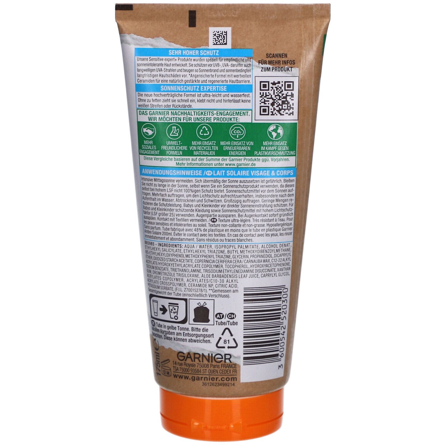 Dos du tube de lait solaire. Logo Garnier. Texte et code QR. Blanc, marron et vert. Informations sur le produit.