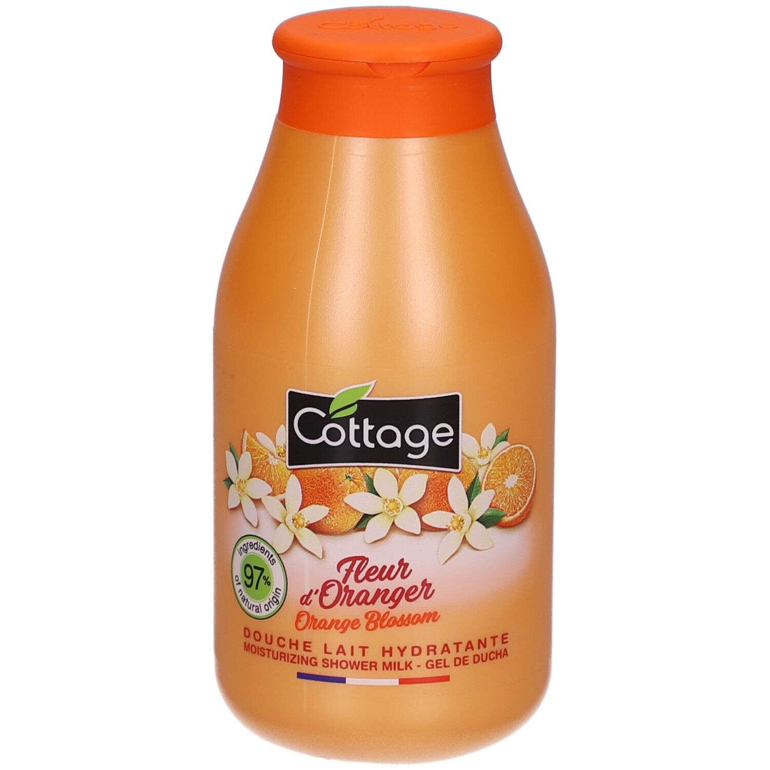 Oranje fles met etiket. Illustraties van sinaasappelbloesem en tekst. "97% natuurlijke ingrediënten".