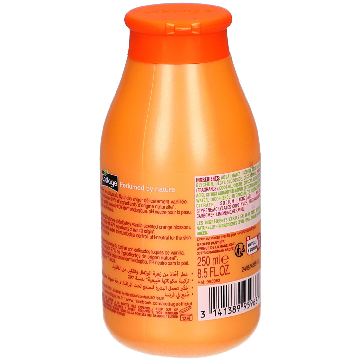 Achterkant van een oranje fles. Bevat tekst met ingrediënten en informatie. Met illustraties van sinaasappelbloesem.