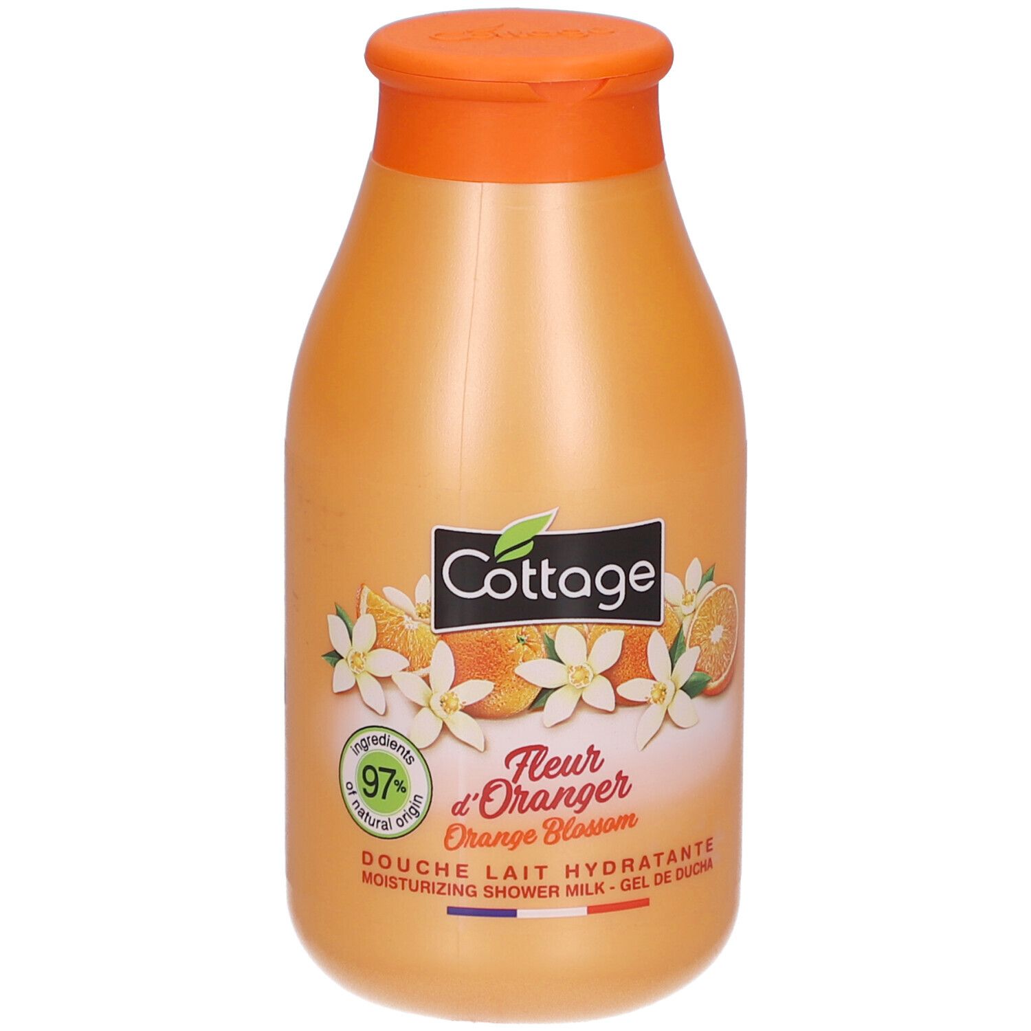 Oranje fles met etiket. Illustraties van sinaasappelbloesem en tekst. "97% natuurlijke ingrediënten".