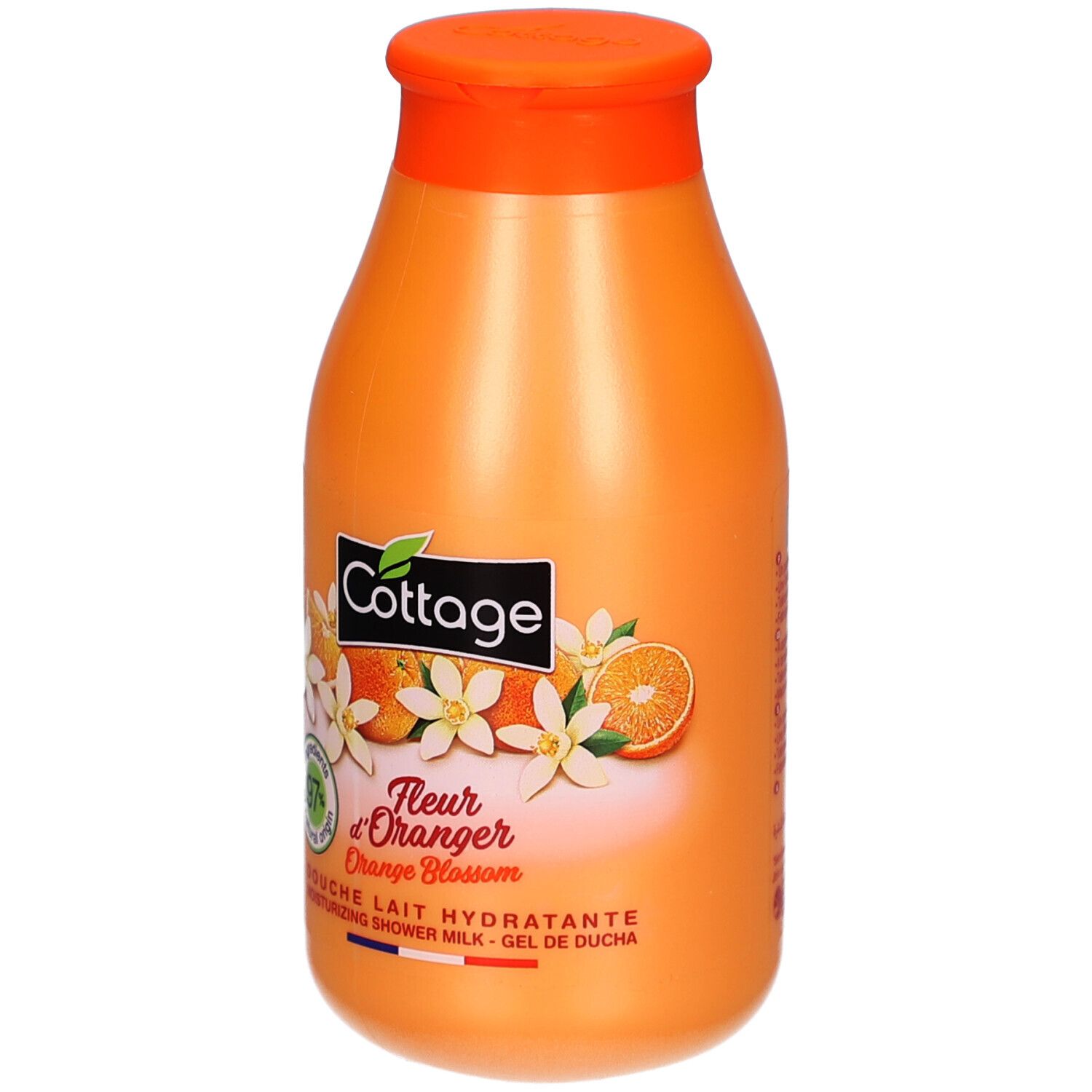 Oranje fles met etiket. Illustraties van sinaasappelbloesem en tekst. "97% natuurlijke ingrediënten".