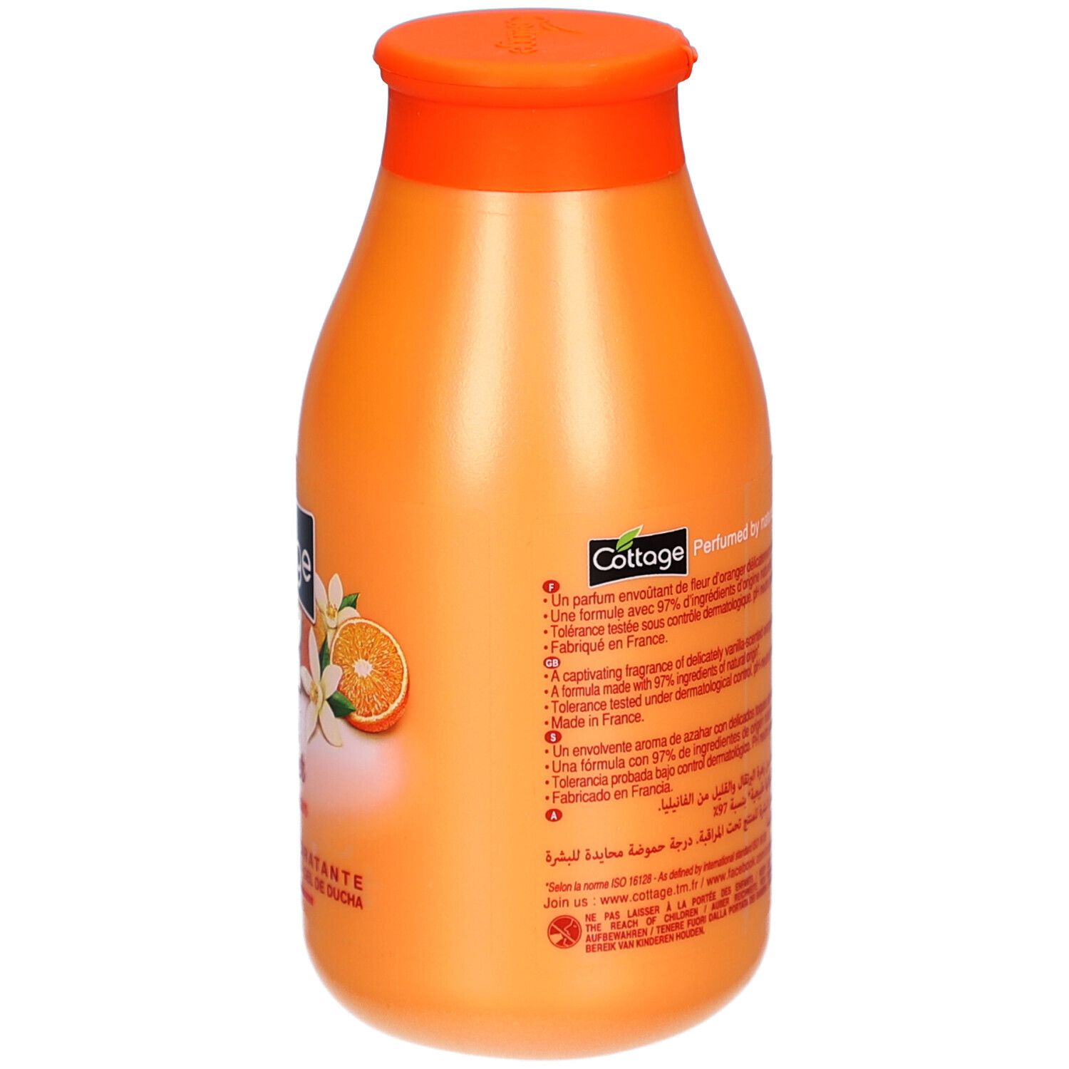 Achterkant van een oranje fles. Bevat tekst met ingrediënten en informatie. Met illustraties van sinaasappelbloesem.