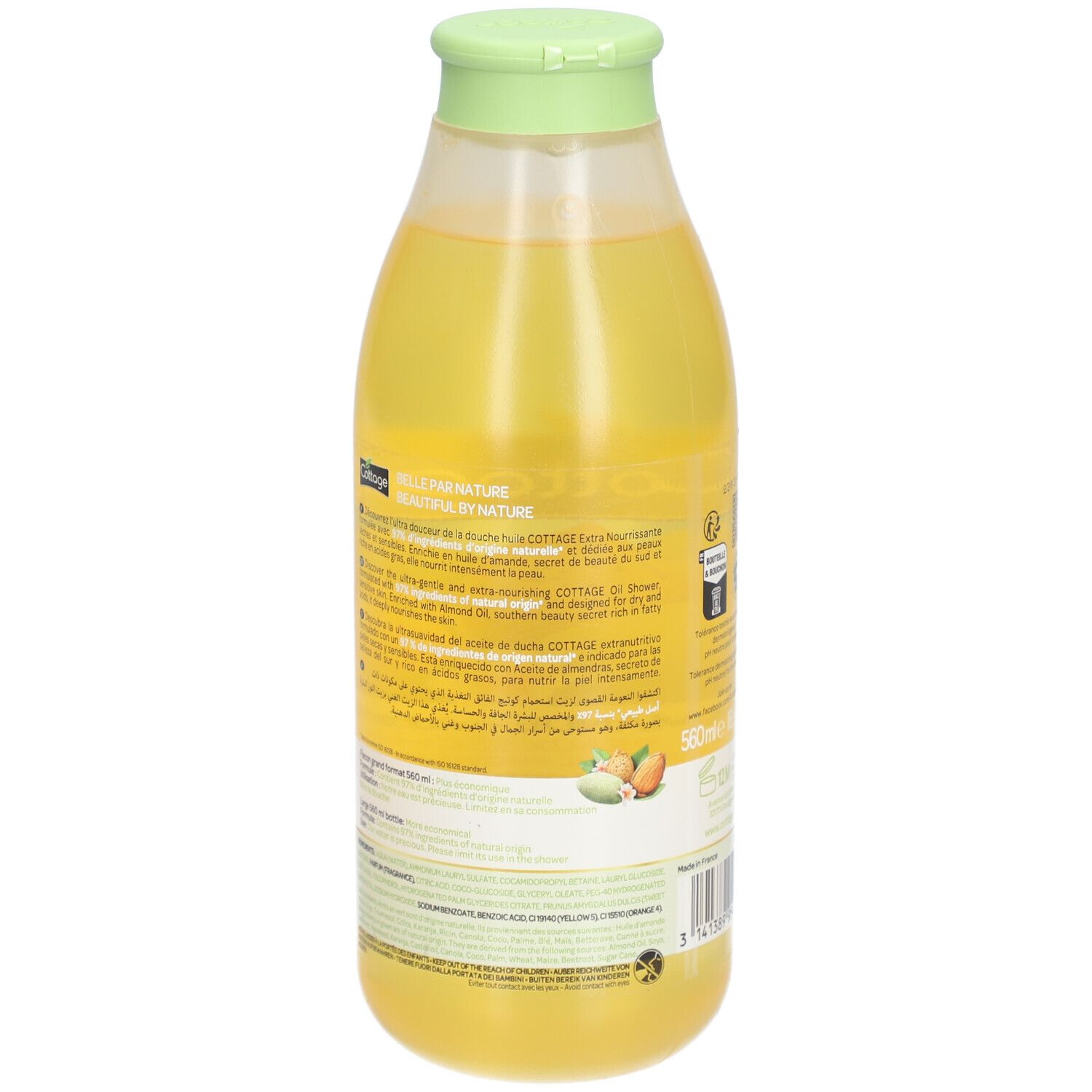 Dos du flacon de douche Cottage. Liquide jaune. Texte et logos. Bouchon vert. 560ml. Emballage recyclable.
