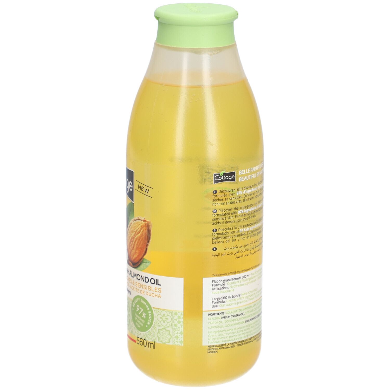 Dos du flacon de douche Cottage. Liquide jaune. Texte et logos. Bouchon vert. 560ml. Emballage recyclable.