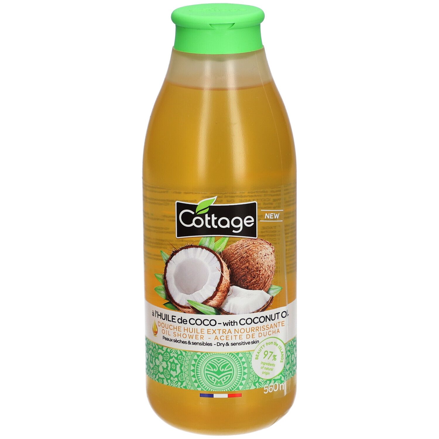 Flacon transparent, bouchon vert. Étiquette avec illustration de noix de coco et nom du produit. Contient 97% d'ingrédients d'origine naturelle.