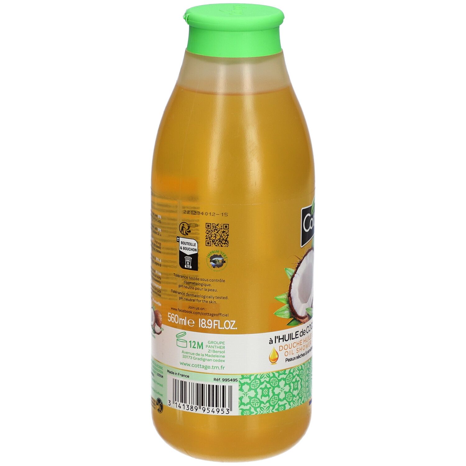Dos du flacon. Étiquette avec informations produit, QR code et ingrédients. Contient 560ml.