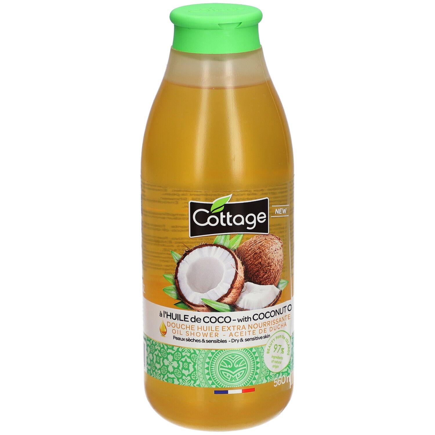 Flacon transparent, bouchon vert. Étiquette avec illustration de noix de coco et nom du produit. Contient 97% d'ingrédients d'origine naturelle.