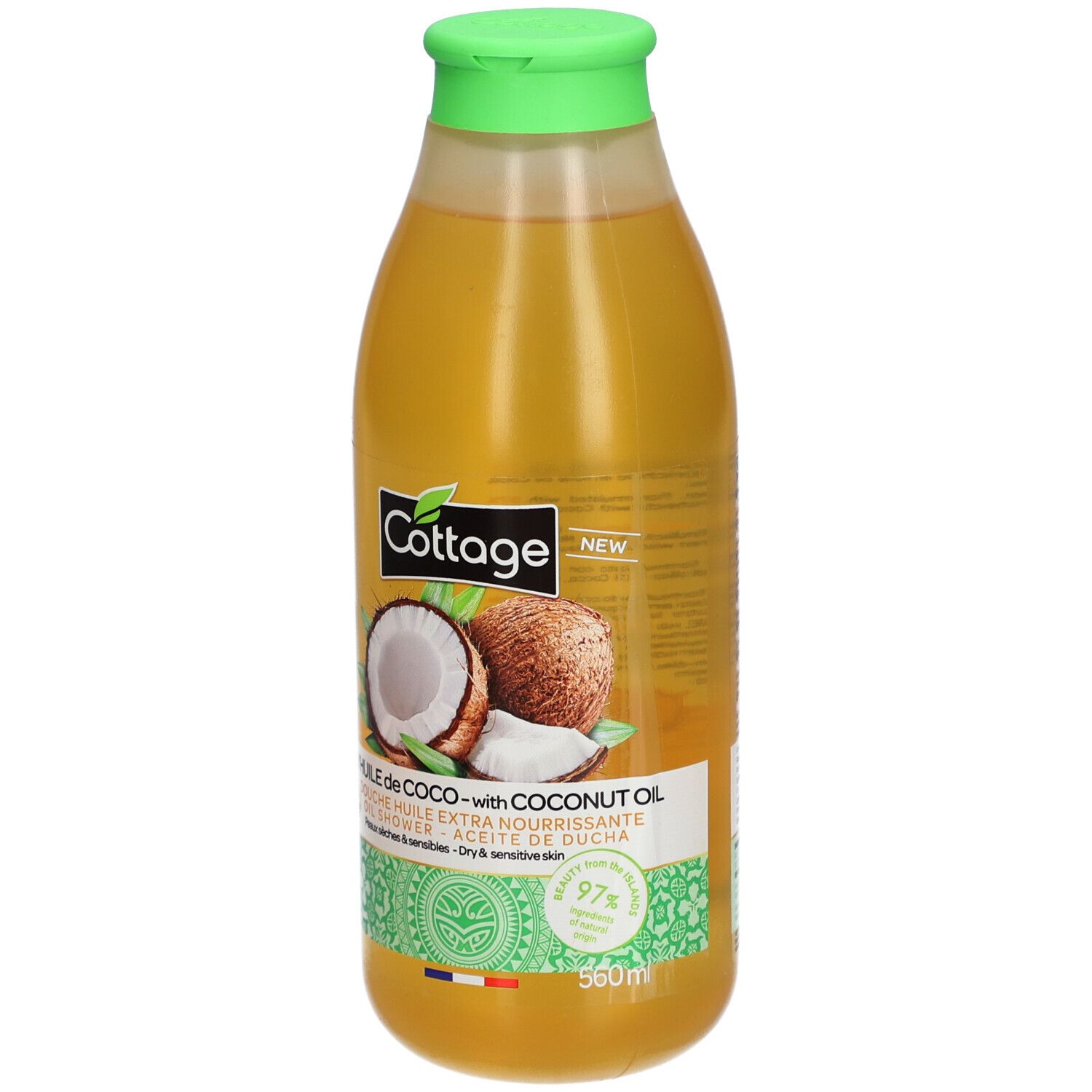 Flacon transparent, bouchon vert. Étiquette avec illustration de noix de coco et nom du produit. Contient 97% d'ingrédients d'origine naturelle.