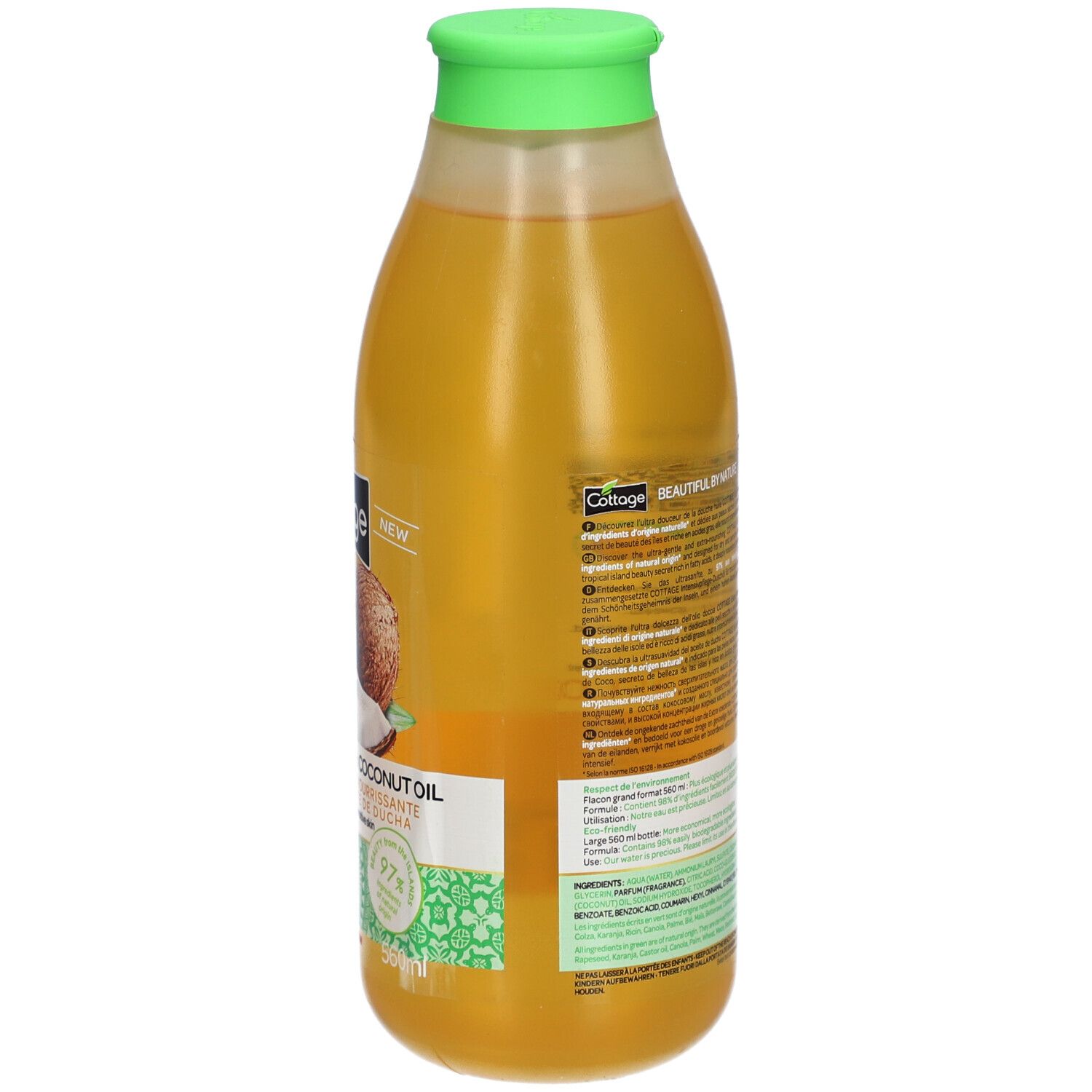 Flacon avec bouchon vert. Étiquette avec informations produit, QR code et ingrédients. Contient 560ml.