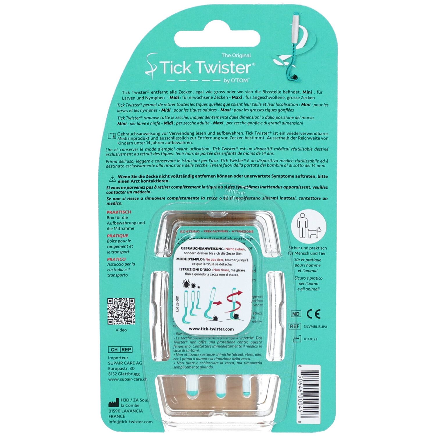 Dos de l'emballage avec informations et illustrations du produit. Crochets à tiques dans un support. Texte: Tick Twister by O'TOM.