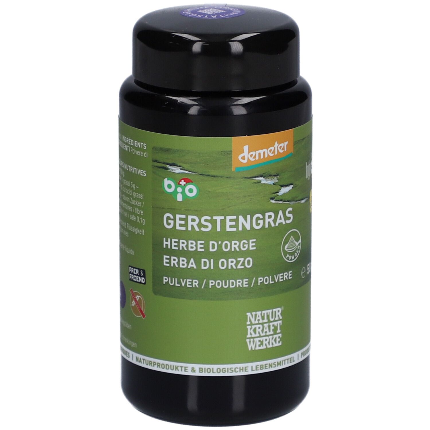 Boîte noire avec étiquette verte. Inscription: Gerstengras, Herbe d'orge, Erba di orzo, Pulver. Label bio, logo Demeter.