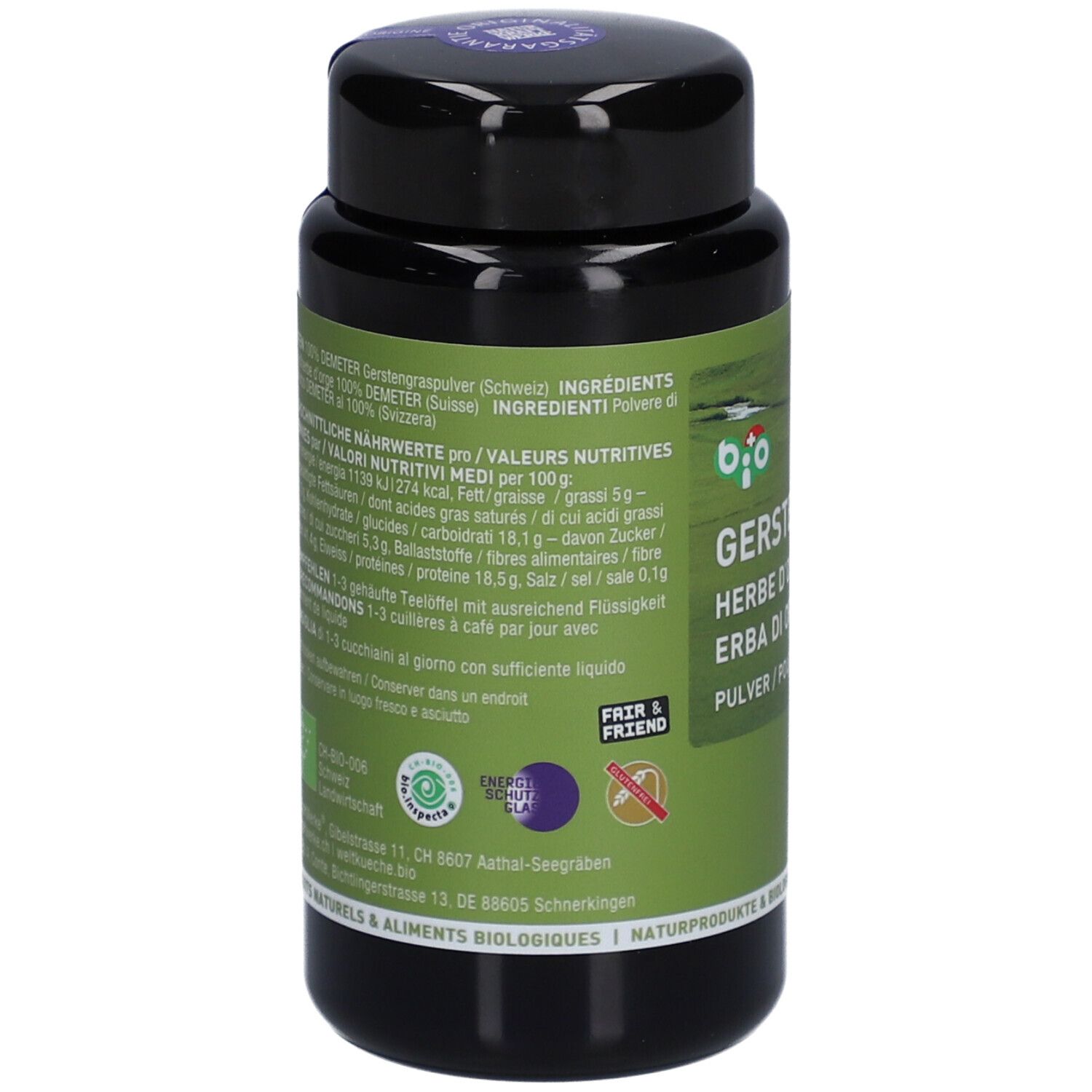 Dos de la boîte noire avec étiquette verte. Texte: informations nutritionnelles, ingrédients. Logos: Bio, Fair & Friend, Energy Star.