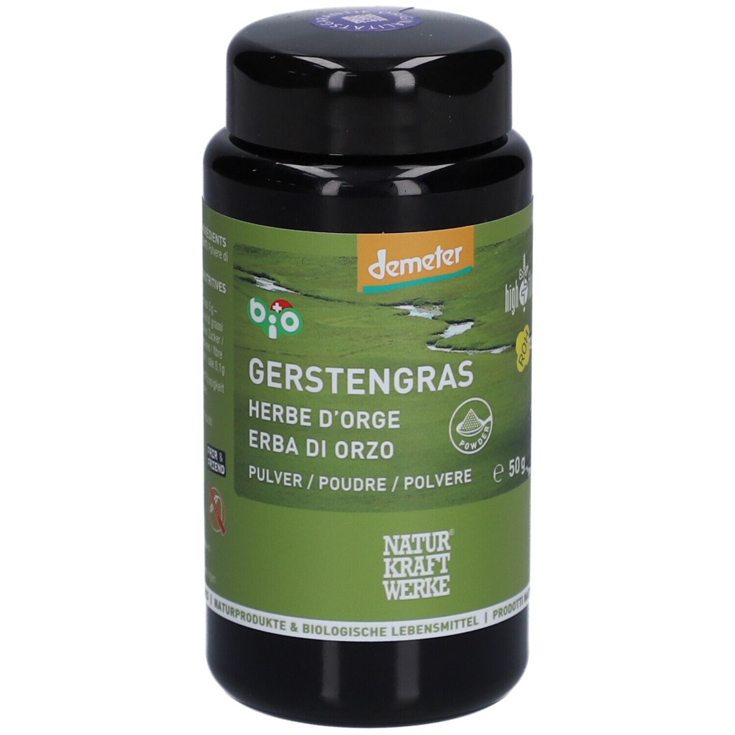 Boîte noire avec étiquette verte. Inscription: Gerstengras, Herbe d'orge, Erba di orzo, Pulver. Label bio, logo Demeter.