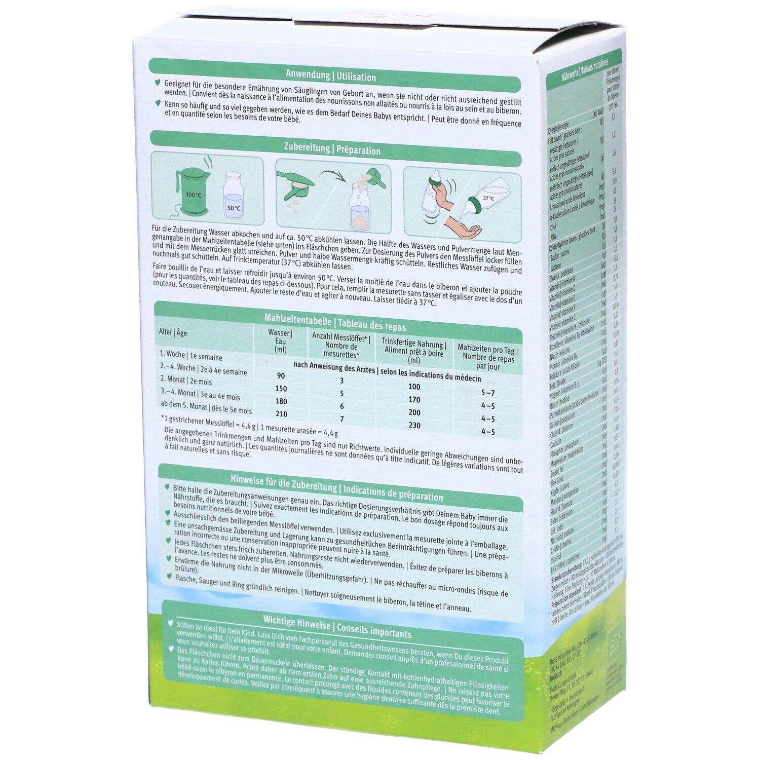 Holle Bio PRE geitenmelk verpakking. Bereidingsinstructies. Illustraties. Tekst: Gebruik, Bereiding, Dosering.