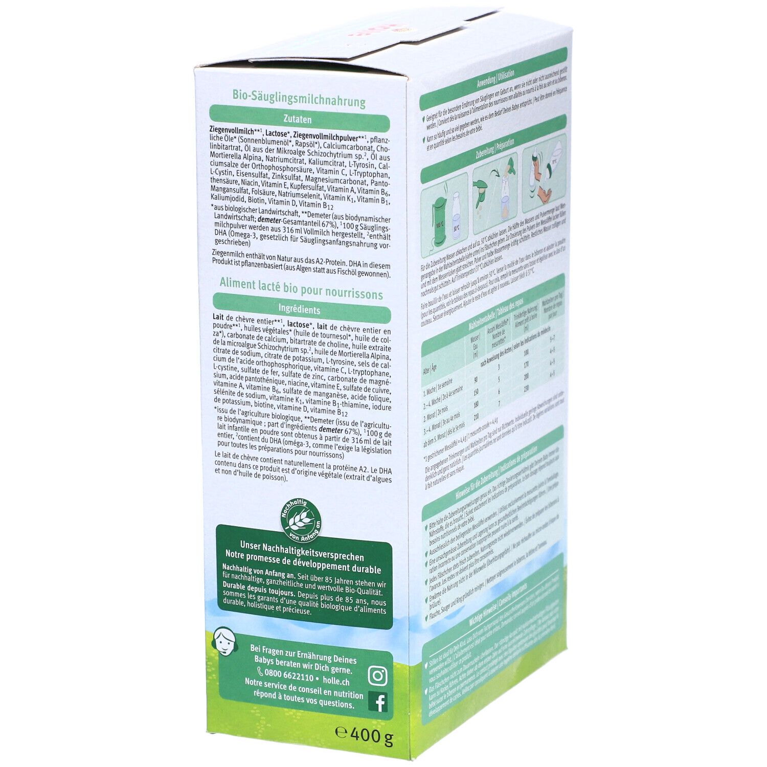 Holle Bio PRE geitenmelk verpakking. Ingrediëntenlijst. Tekst: Aliment lait bio pour nourrissons. 400g. Bio-keurmerk.