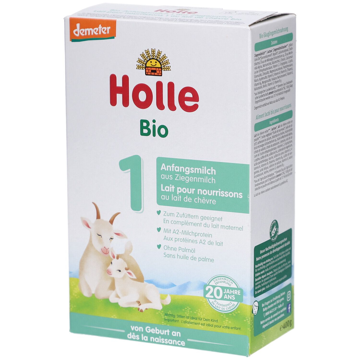 Boîte de lait infantile Holle Bio 1 au lait de chèvre. Logo Demeter. Image d'une chèvre et d'un chevreau. Texte : "dès la naissance".