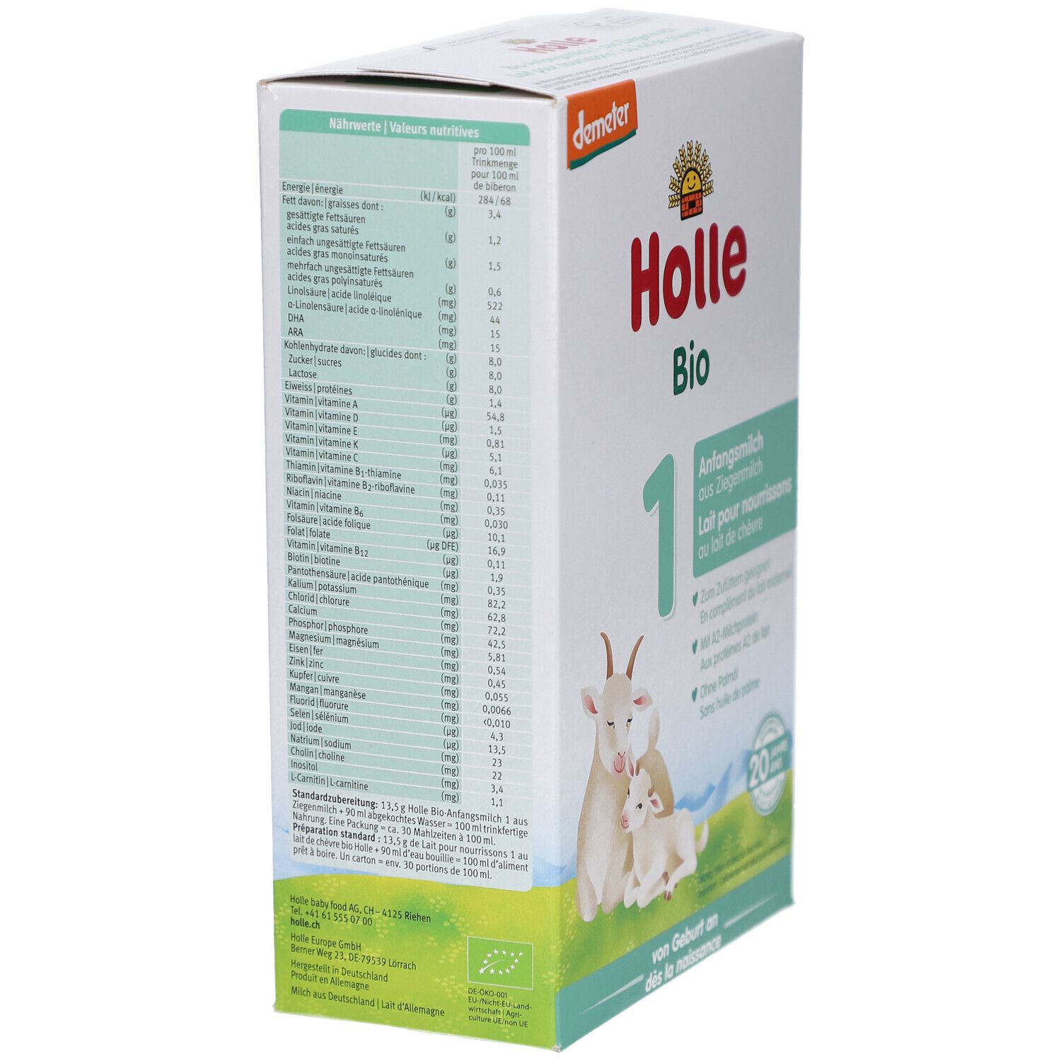 Boîte de lait infantile Holle Bio 1 au lait de chèvre. Tableau nutritionnel. Logo Demeter. Texte : "20 ans". Informations au dos.