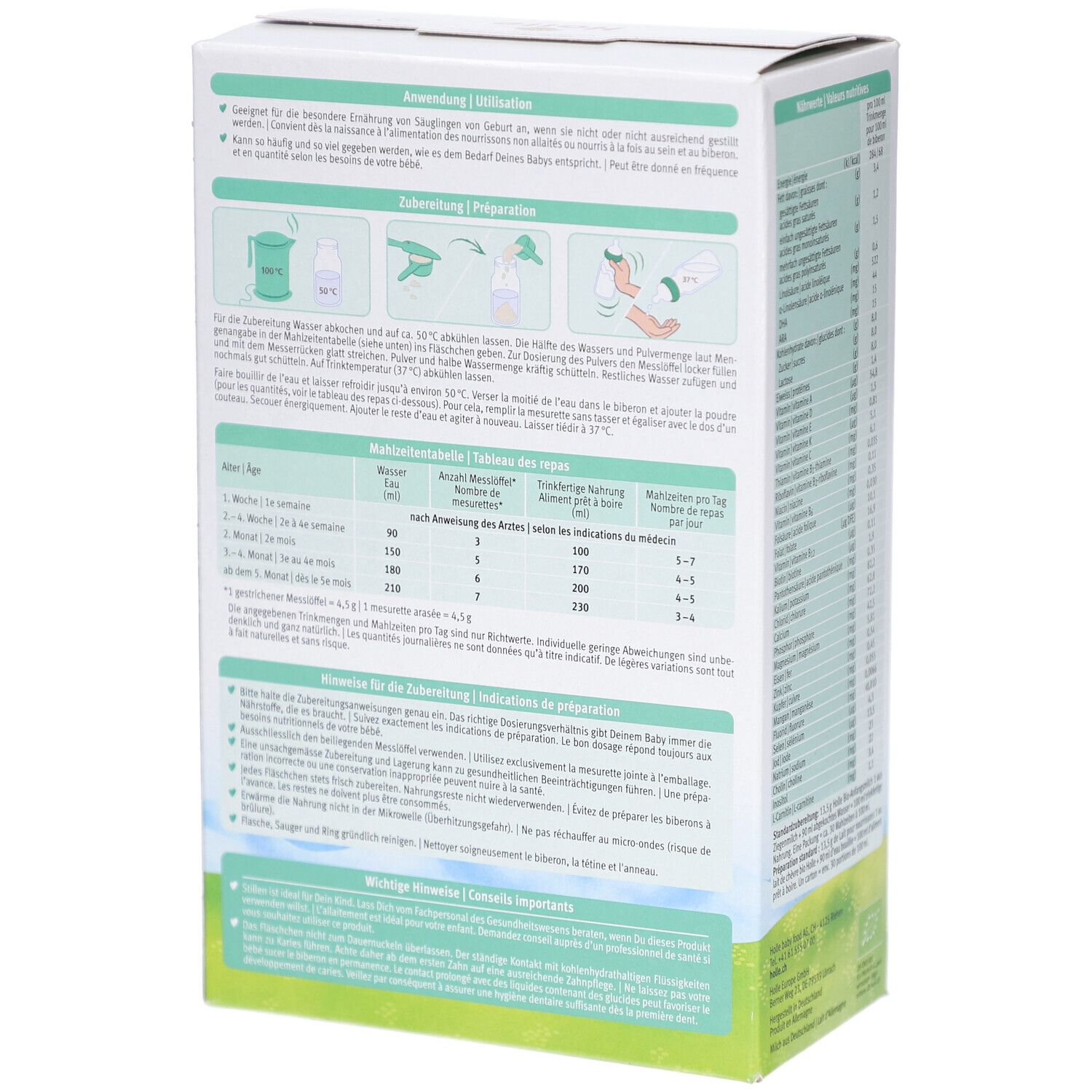 Boîte de lait infantile Holle Bio 1 au lait de chèvre. Instructions de préparation. Illustrations. Texte : "Préparation".