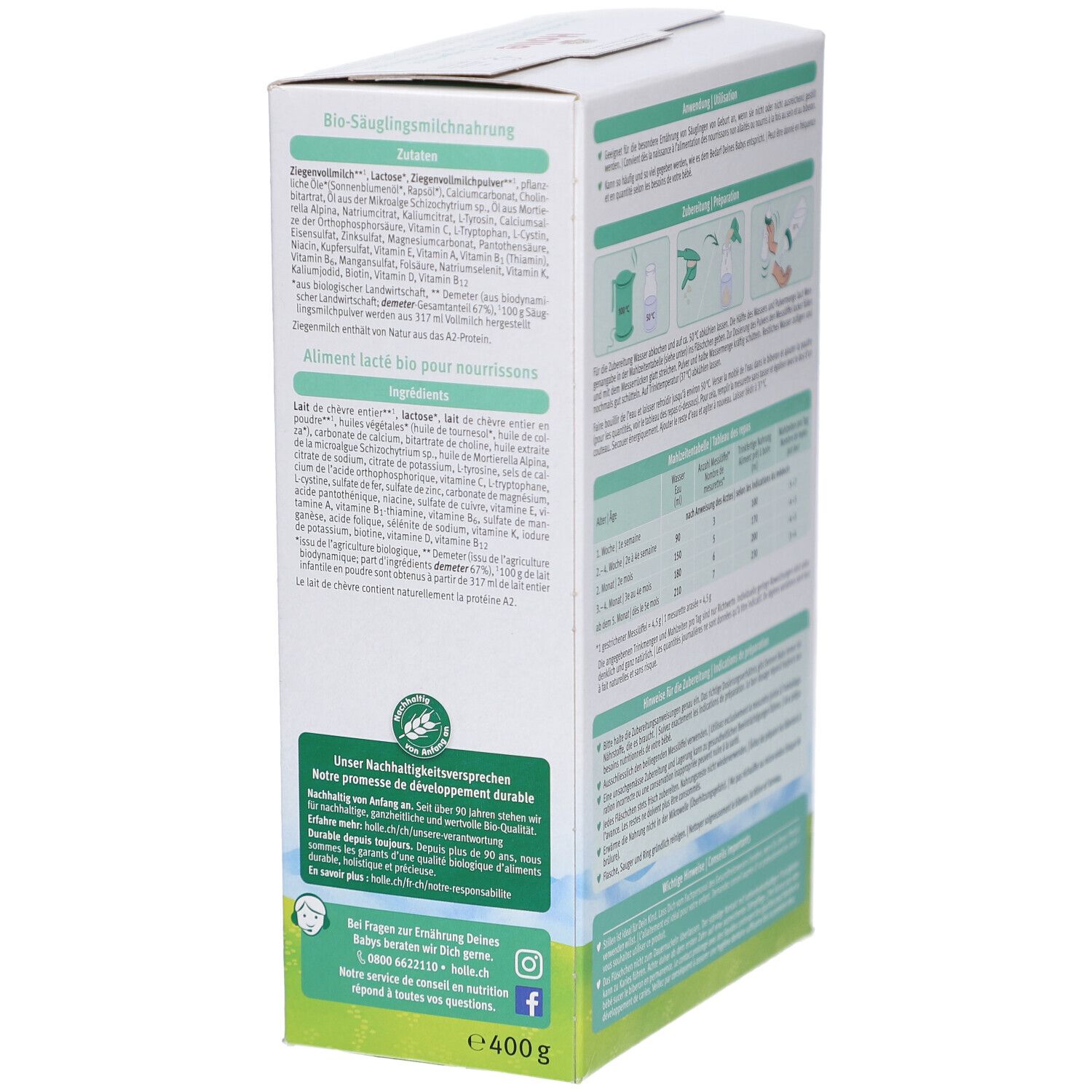 Boîte de lait infantile Holle Bio 1 au lait de chèvre. Ingrédients. Texte : "Aliment lacté bio pour nourrissons". Logo Demeter. 400g.