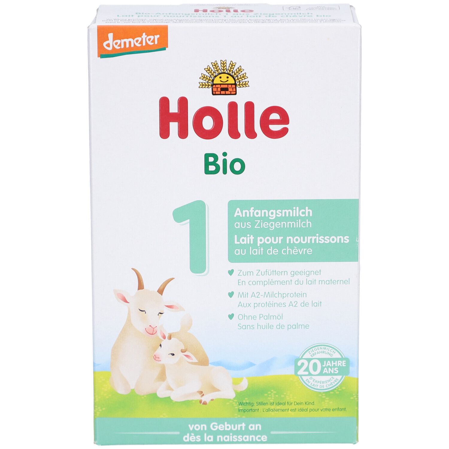 Boîte de lait infantile Holle Bio 1 au lait de chèvre. Logo Demeter. Image chèvre et chevreau. Texte : "dès la naissance". "Nouvelle formule".