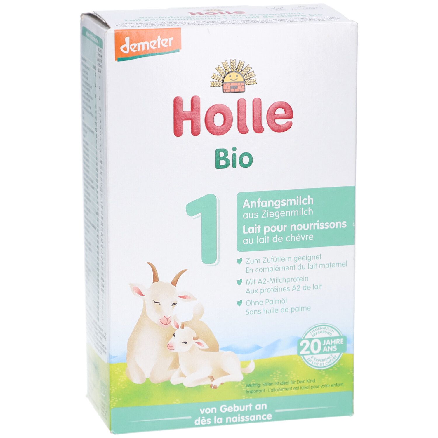 Boîte de lait infantile Holle Bio 1 au lait de chèvre. Logo Demeter. Texte : "Nouvelle formule". Caractéristiques. "20 ans".
