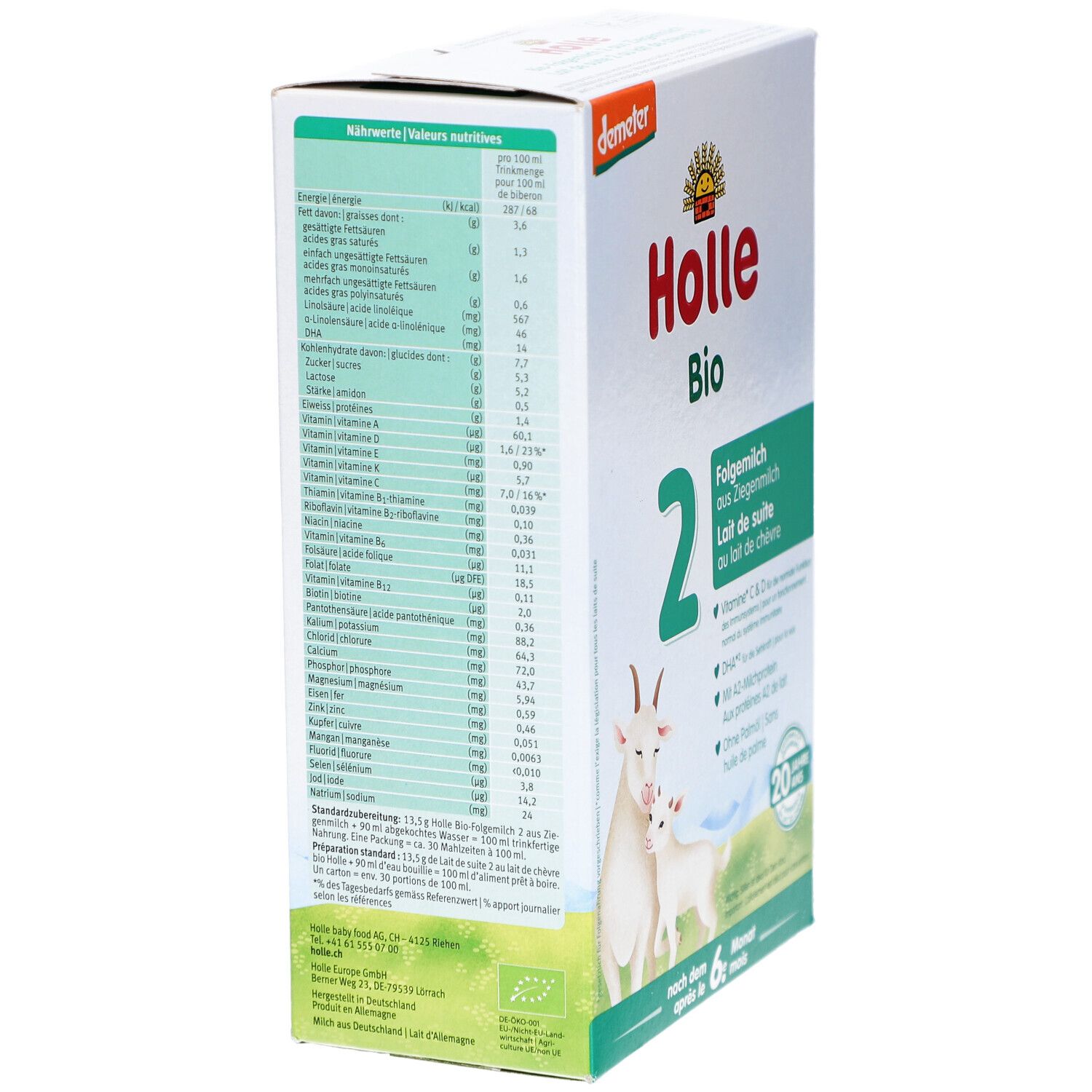 Verpakking van Holle Bio 2 opvolgmelk. Zijkant met voedingstabel en andere productinformatie.