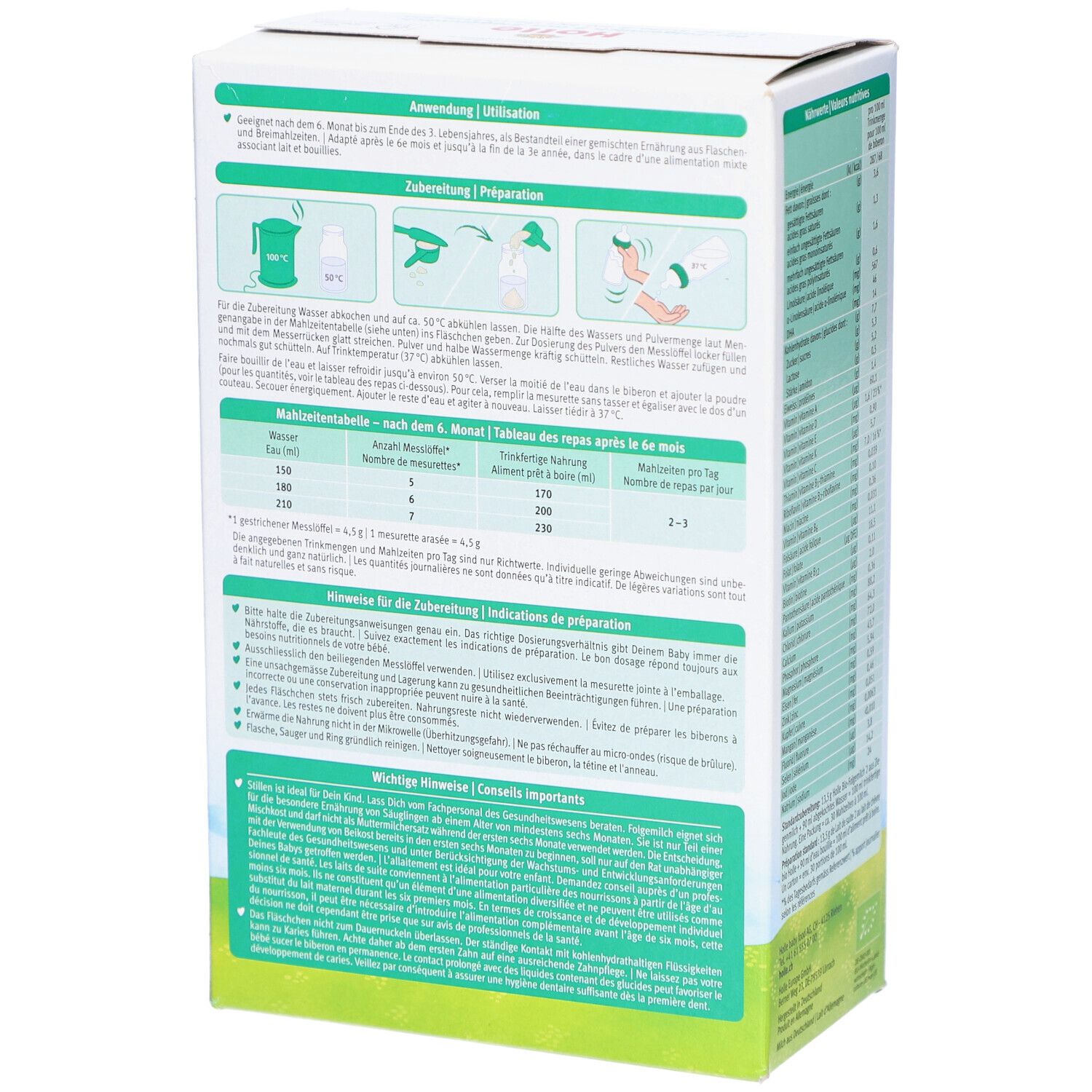 Verpakking van Holle Bio 2 opvolgmelk. Achterkant met bereidingsinstructies en andere informatie.