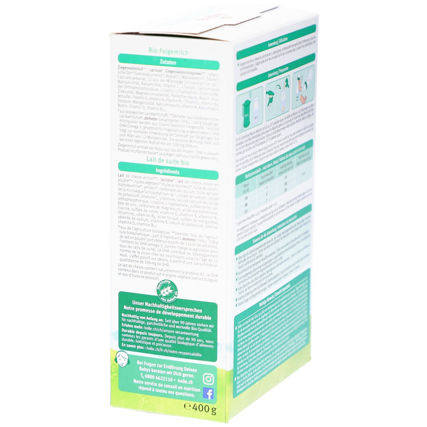 Verpakking van Holle Bio 2 opvolgmelk. Zijkant met ingrediëntenlijst en andere productinformatie.