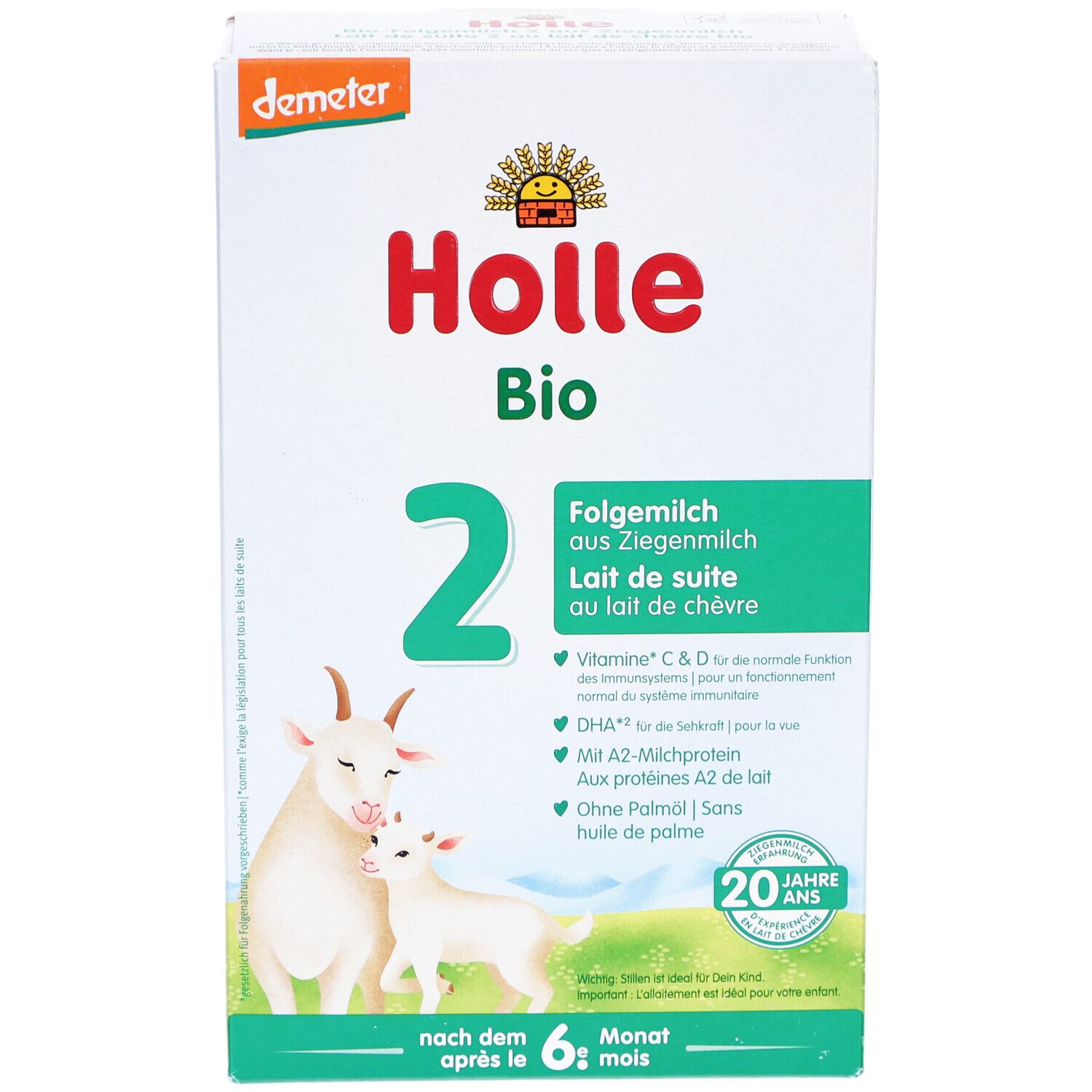Verpakking van Holle Bio 2 opvolgmelk. Vooraanzicht met productnaam, geitenillustratie en tekst.