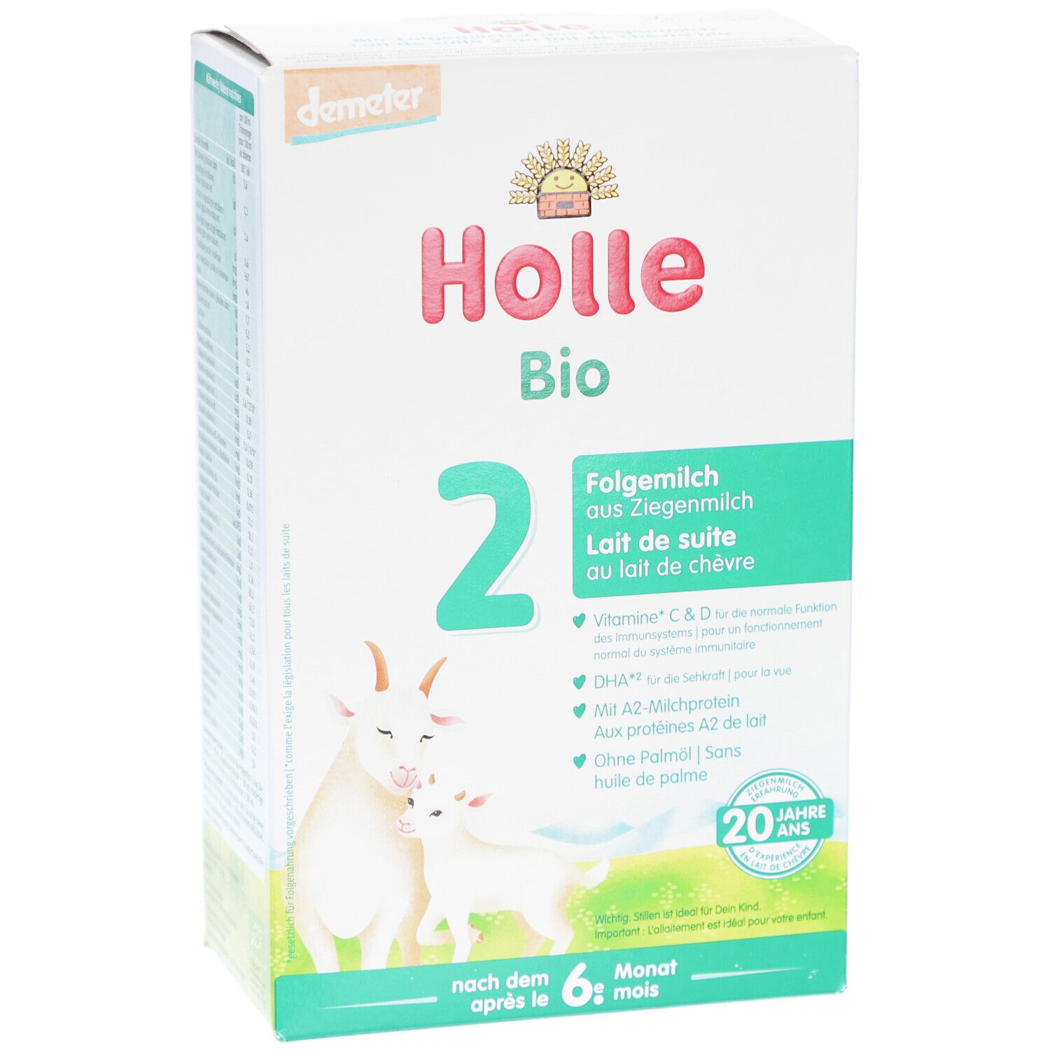 Verpakking van Holle Bio 2 opvolgmelk. Schuin aanzicht met productnaam, geitenillustratie en tekst.