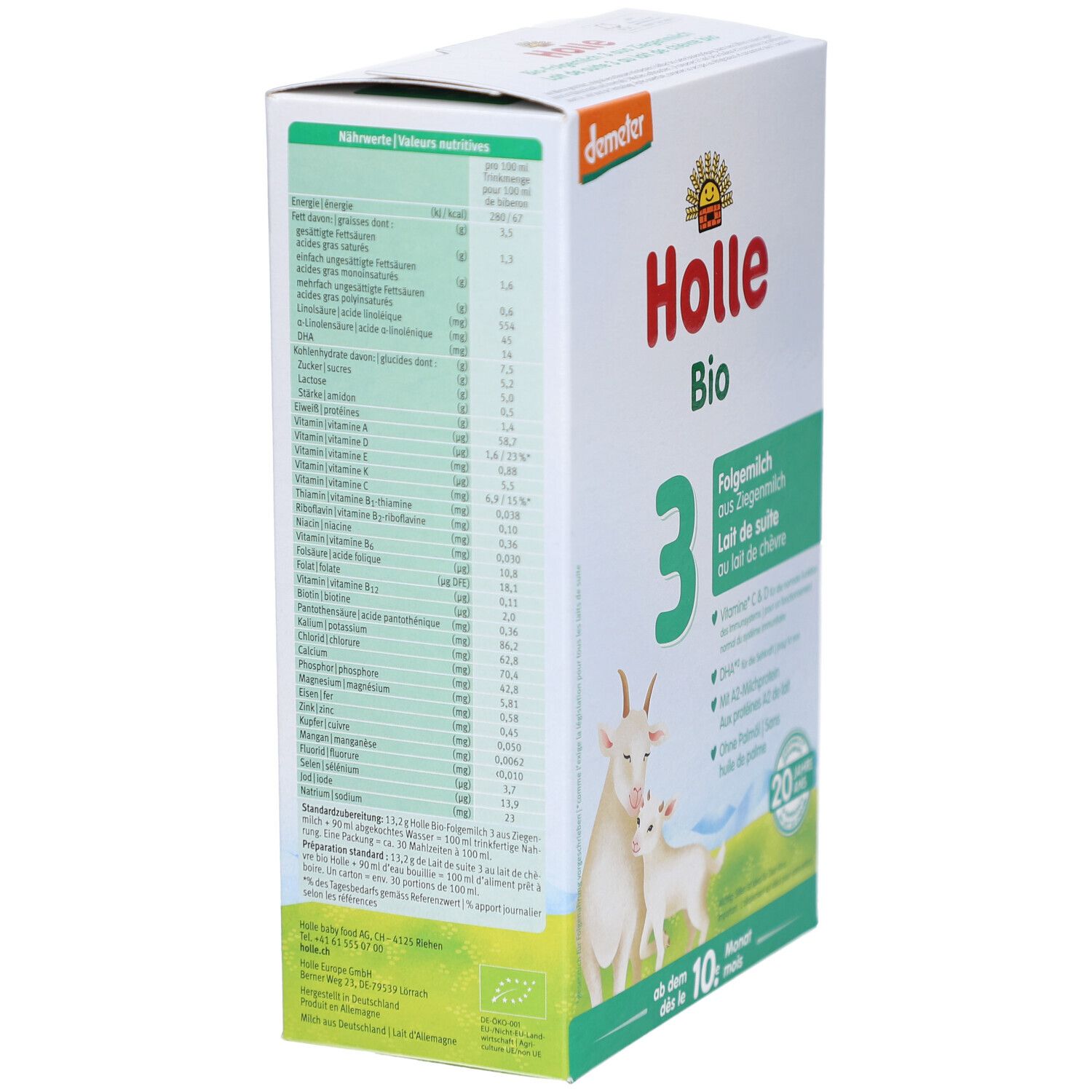 Holle Bio 3 verpakking, voedingswaardetabel op de zijkant. Bevat informatie over energie, vet, koolhydraten, eiwitten en vitaminen.