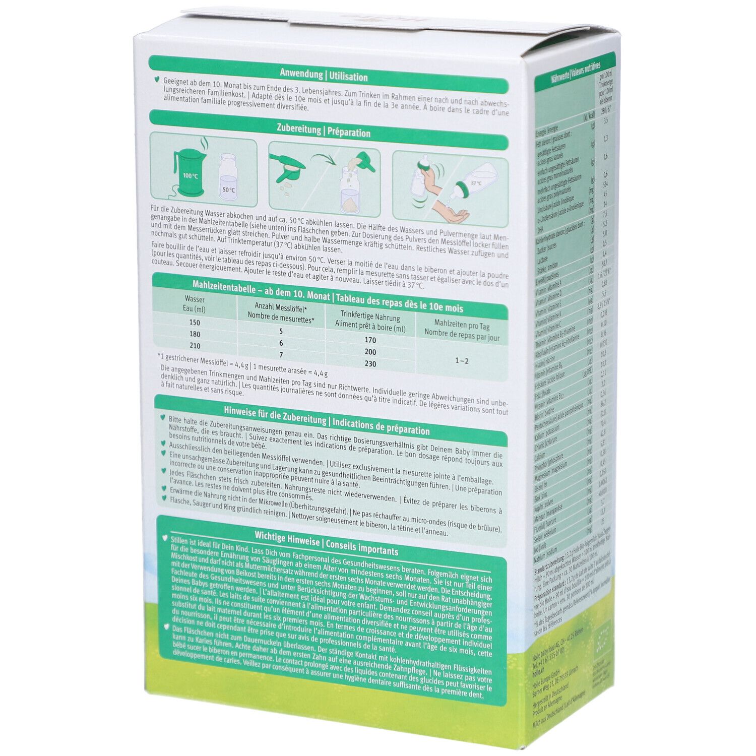 Holle Bio 3 verpakking, achterkant met bereidingsinstructies. Illustraties tonen de bereidingsstappen voor de zuigelingenvoeding.