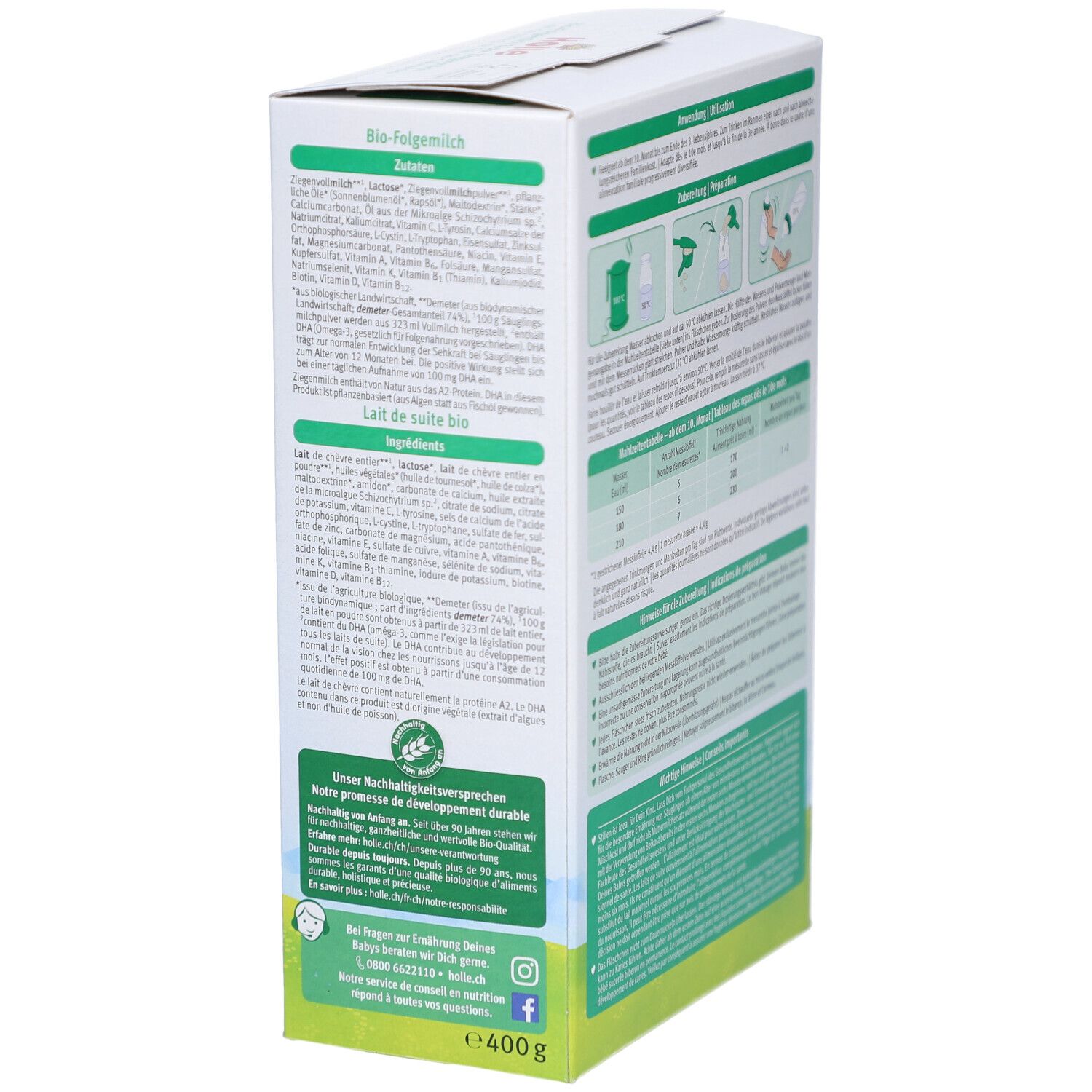 Holle Bio 3 verpakking, ingrediëntenlijst en voedingswaarde-informatie. Bevat informatie over ingrediënten en voedingswaarden per portie.