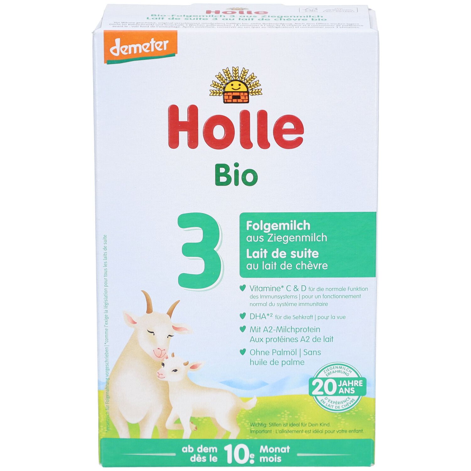 Holle Bio 3 Opvolgmelk van geitenmelk. Verpakking met geitenillustratie. Bevat Vitamine C & D, DHA, A2-melkeiwit, zonder palmolie.
