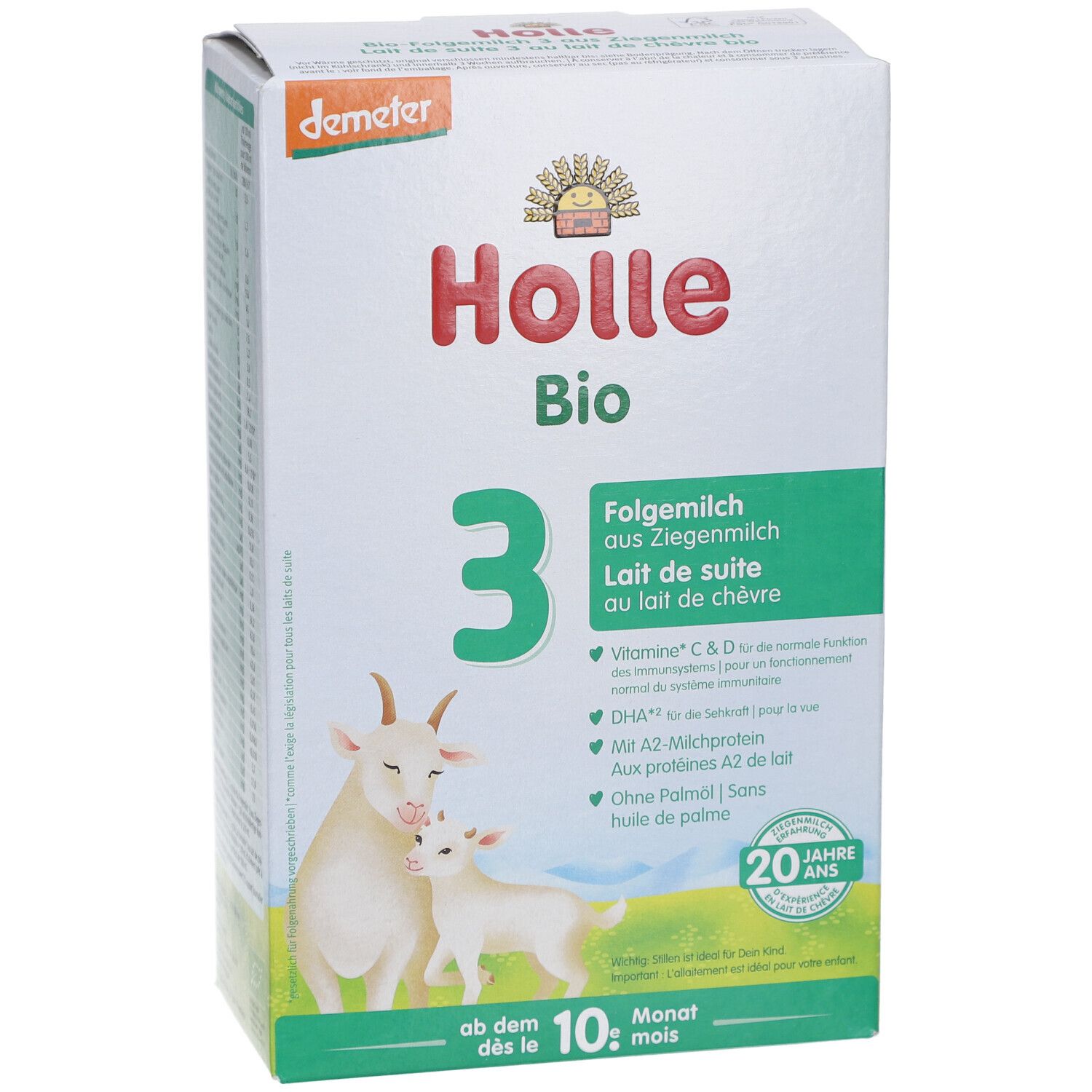 Holle Bio 3 Opvolgmelk van geitenmelk. Verpakking met geitenillustratie. Bevat Vitamine C & D, DHA, A2-melkeiwit, zonder palmolie.