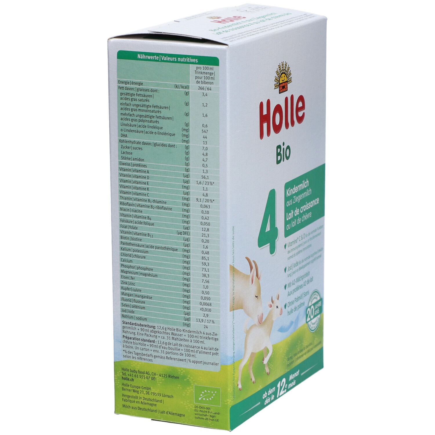 Holle Bio 4 geitenmelk verpakking, zijaanzicht met voedingstabel. Bevat informatie over voedingswaarden en ingrediënten.