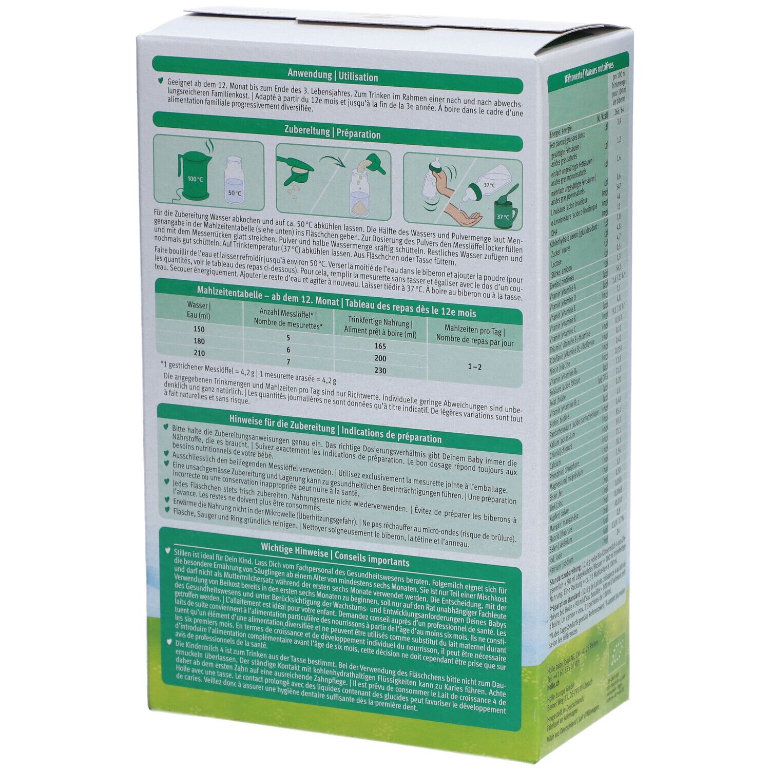 Holle Bio 4 geitenmelk verpakking, achterkant met bereidingsinstructies. Bevat instructies voor bereiding en dosering.