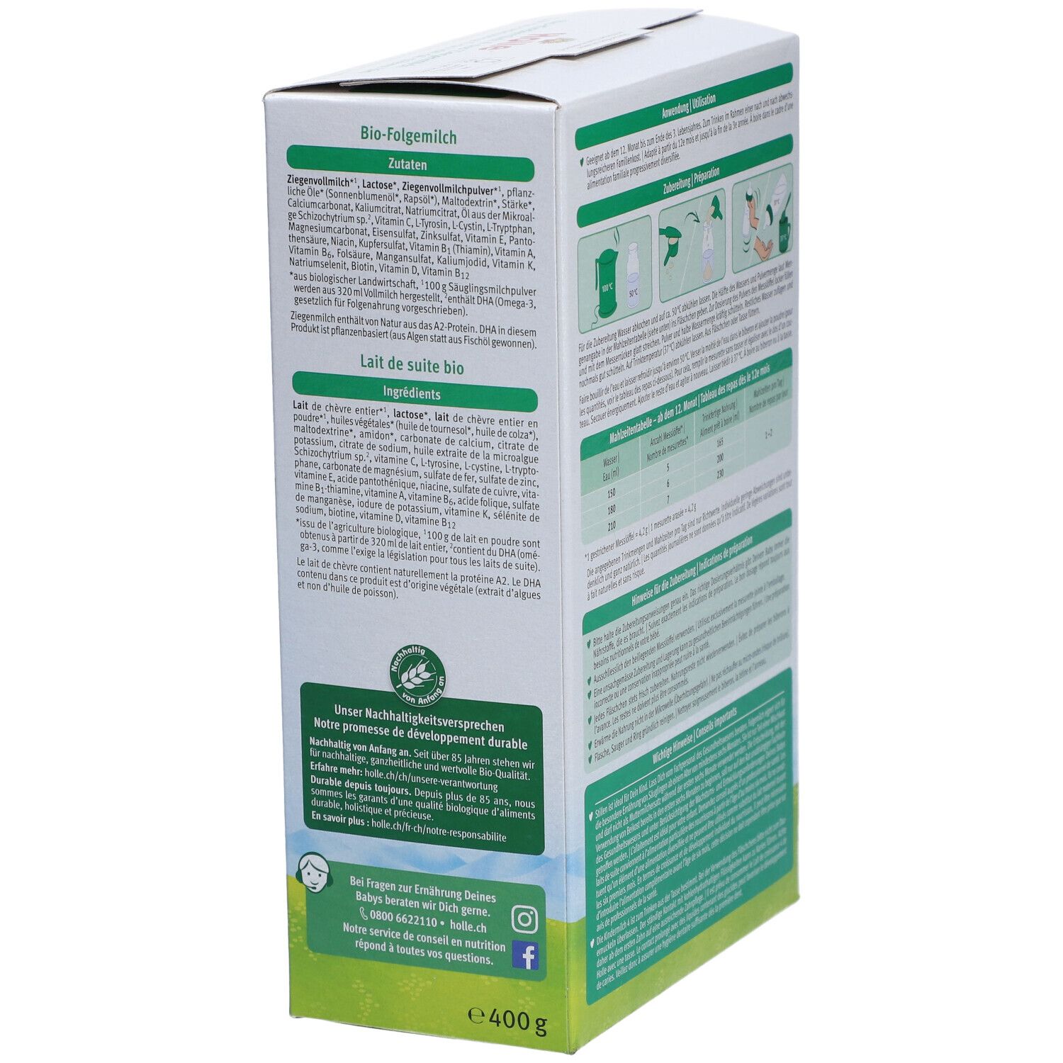 Holle Bio 4 geitenmelk verpakking, achterkant met ingrediëntenlijst. Bevat informatie over ingrediënten en voedingswaarde.