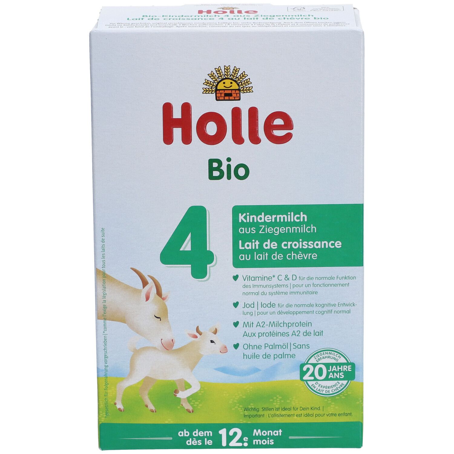 Holle Bio 4 geitenmelk verpakking. Voorkant met productinformatie en logo. Vanaf 12 maanden.