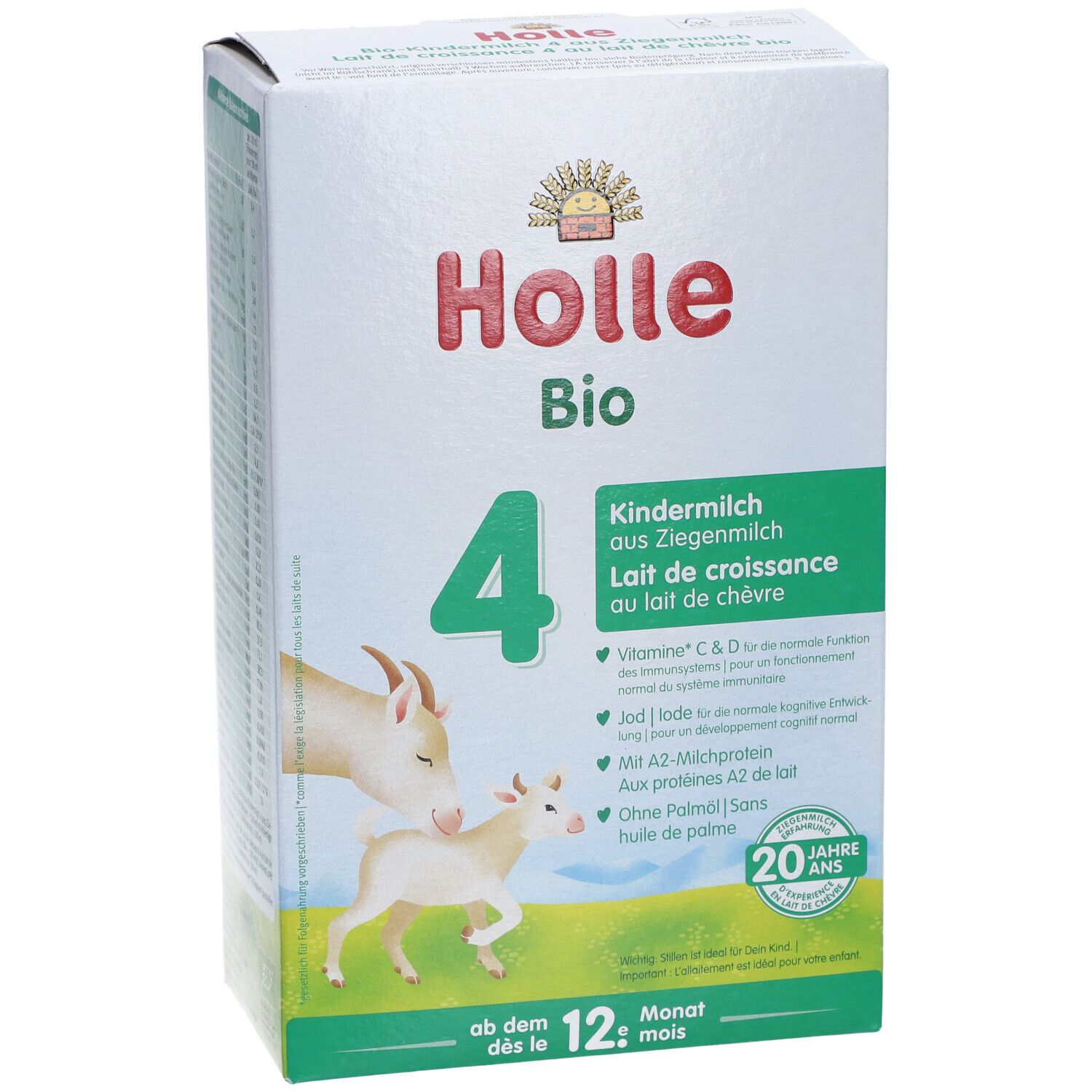 Holle Bio 4 geitenmelk verpakking. Vooraanzicht met productinformatie en logo. Vanaf 12 maanden.