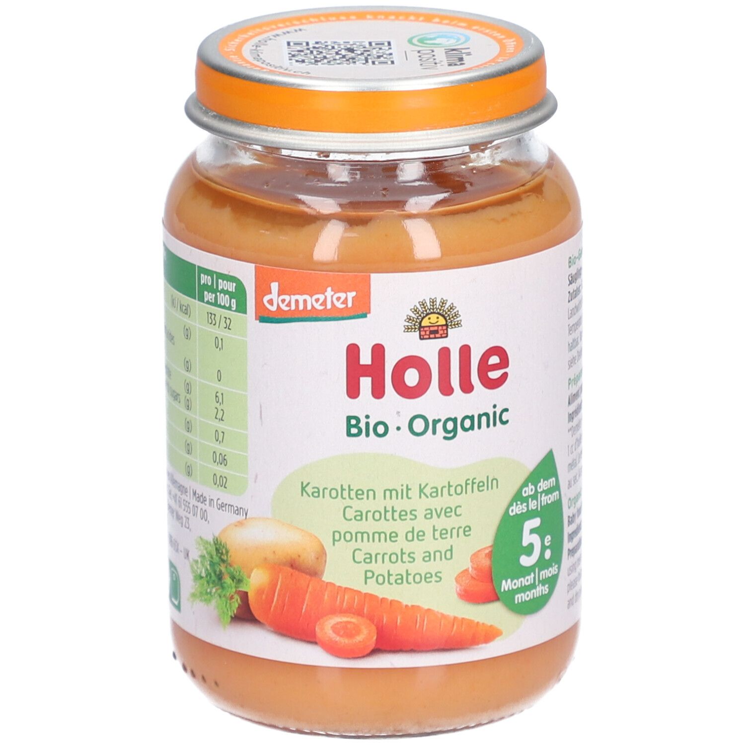 Pot Holle Bio-Organic carottes et pommes de terre. Purée orange, couvercle orange. Label Demeter.
